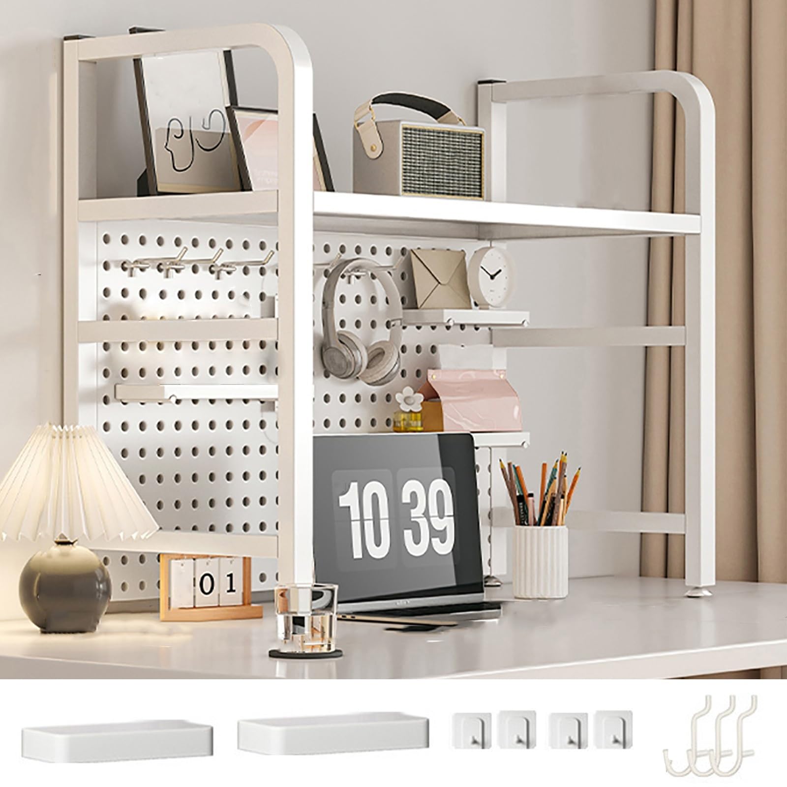 Scaffale da scrivania in metallo con ripiano perforato aggiuntivo per dormitorio e ufficio, 115 cm, soluzione elegante e funzionale da scrivania