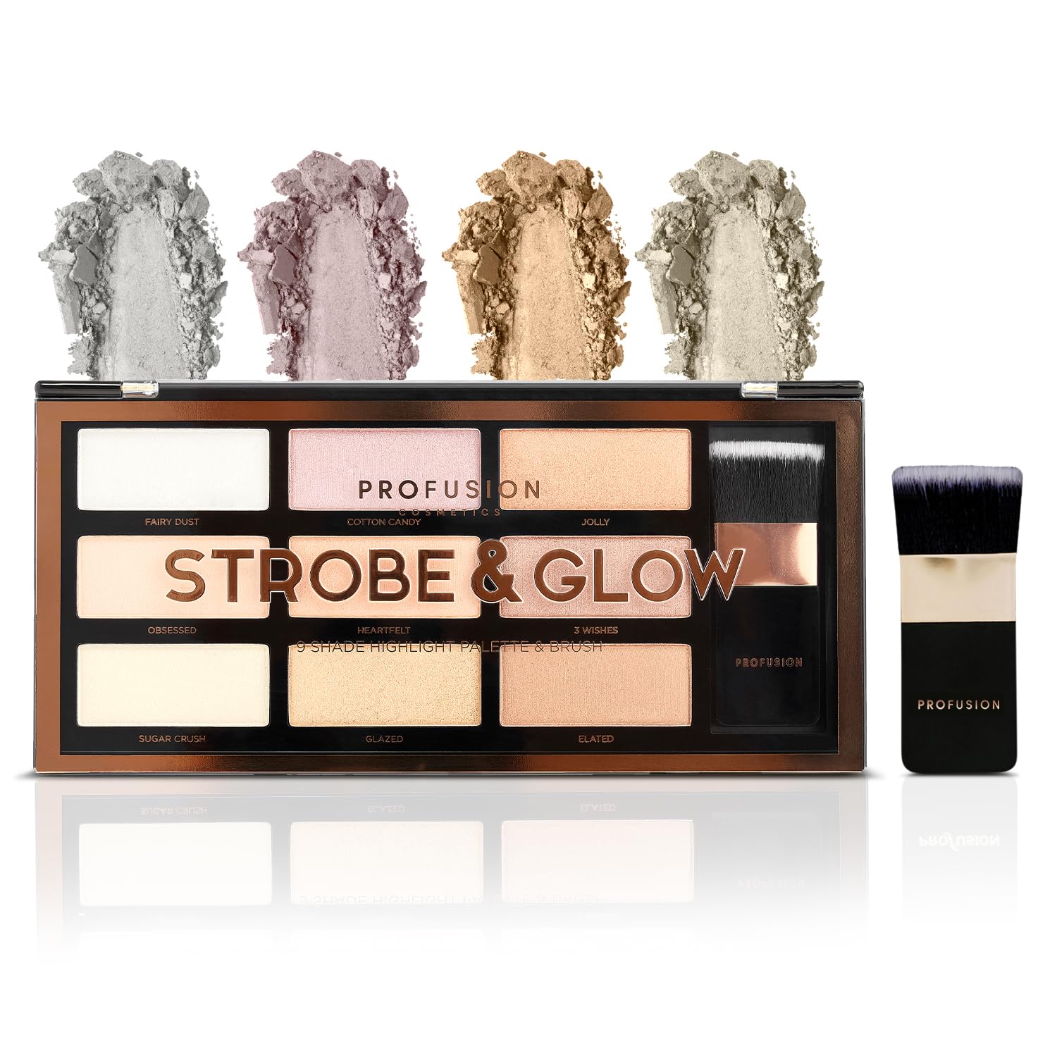 Profusion Cosmetics Artistry Strobe and Glow 9 Shade Highlight Palette with Brush, Shimmering Highlighter for Bold Sparkling Looks