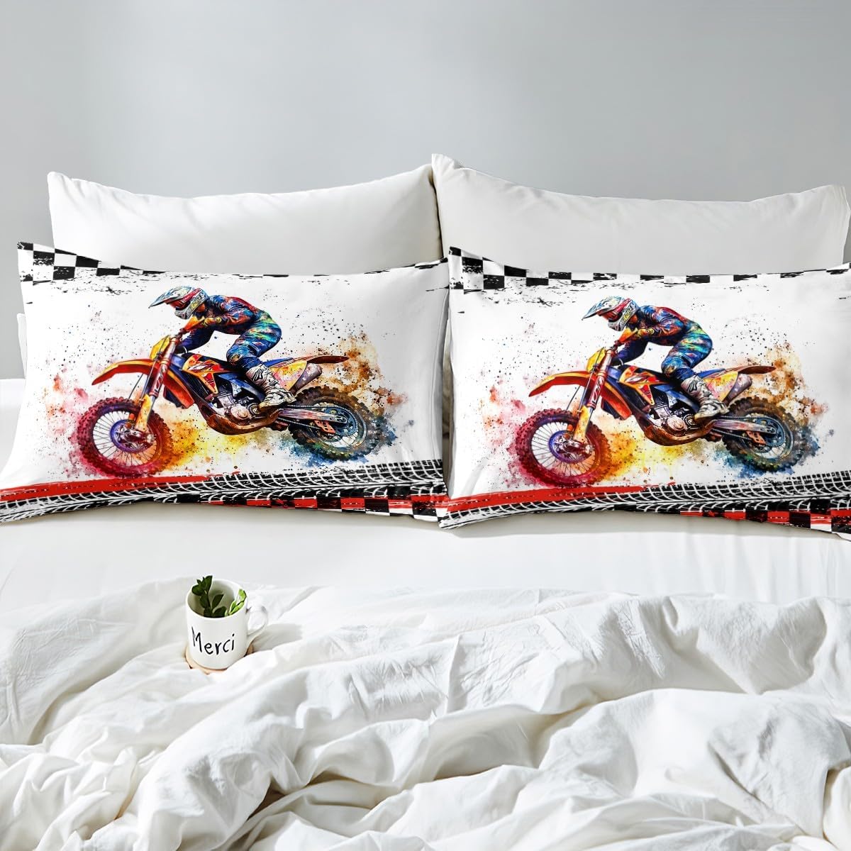 Feelyou Dirt Bike Bed Sheets Set for Kids Boys Girls Queen Size Motocross Rider Sheet Set Ultra Soft Motorcycle Sheets with Deep Pocket Fitted Sheet Tire Mark Prints Room Decor Motorbike