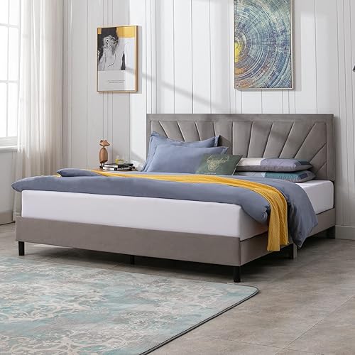 Miniatura 1 de Mjkone Base de cama tamaño King con cabecero, elegante y moderna plataforma de tapicería de terciopelo con soporte de listones de madera, no