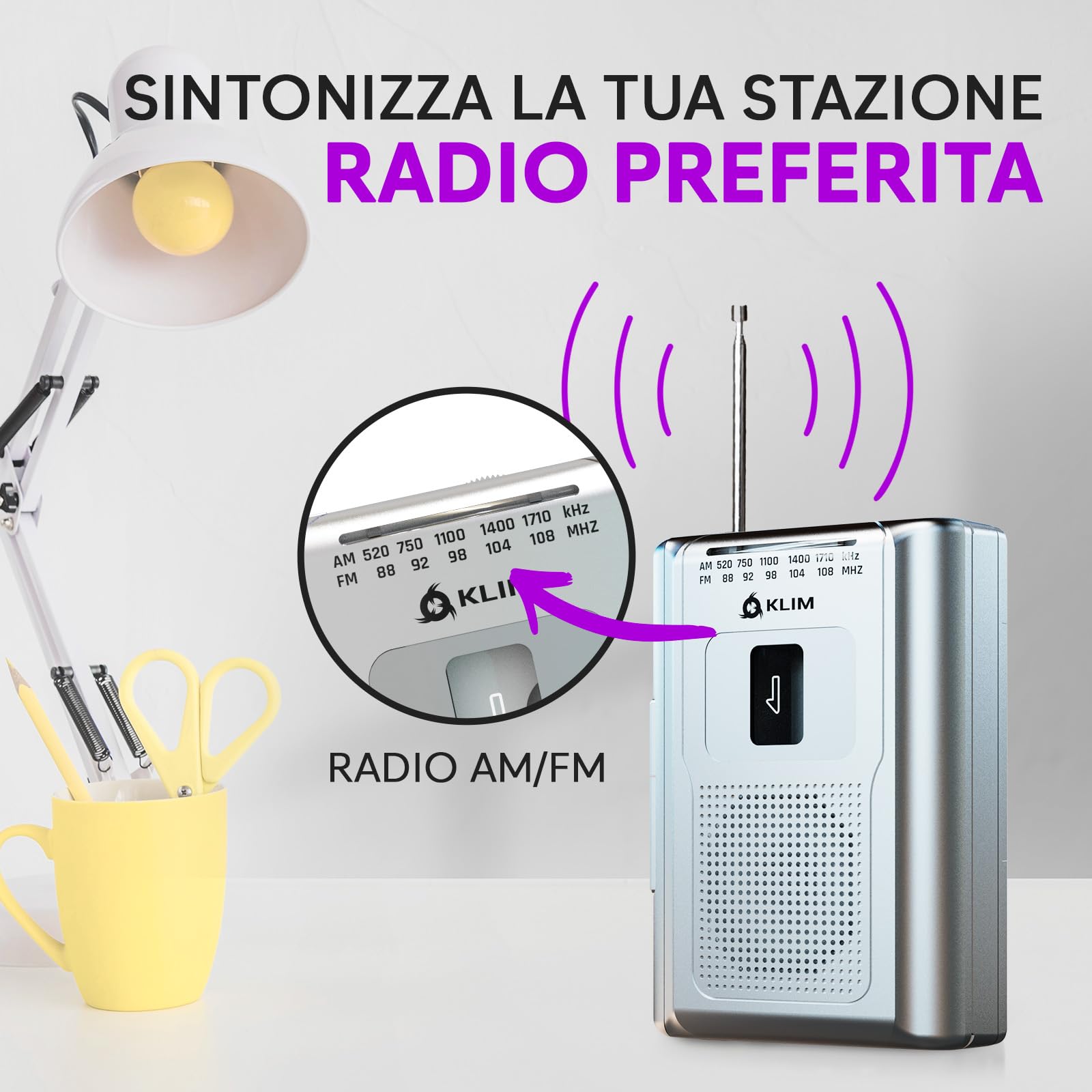 KLIM K8 Lettore Cassette Audio Registratore Radio AM/FM Argento