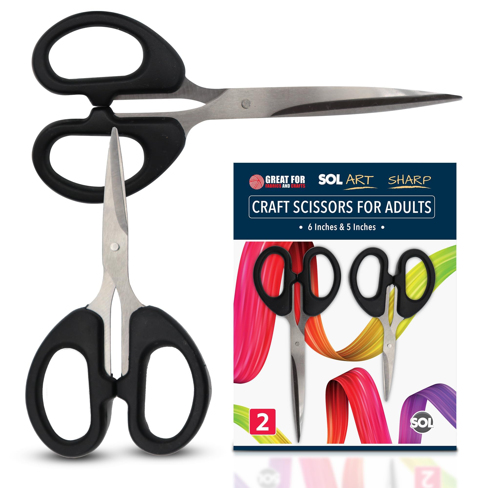 Sol Silver&Black 2Pk Craft Scissors For Adults Sharp Small & Medium Size Multipurpose Paper Scissors For Sewing, Scrapbooking, Precision Cutting For Crafting, Stationery For Home & Office
