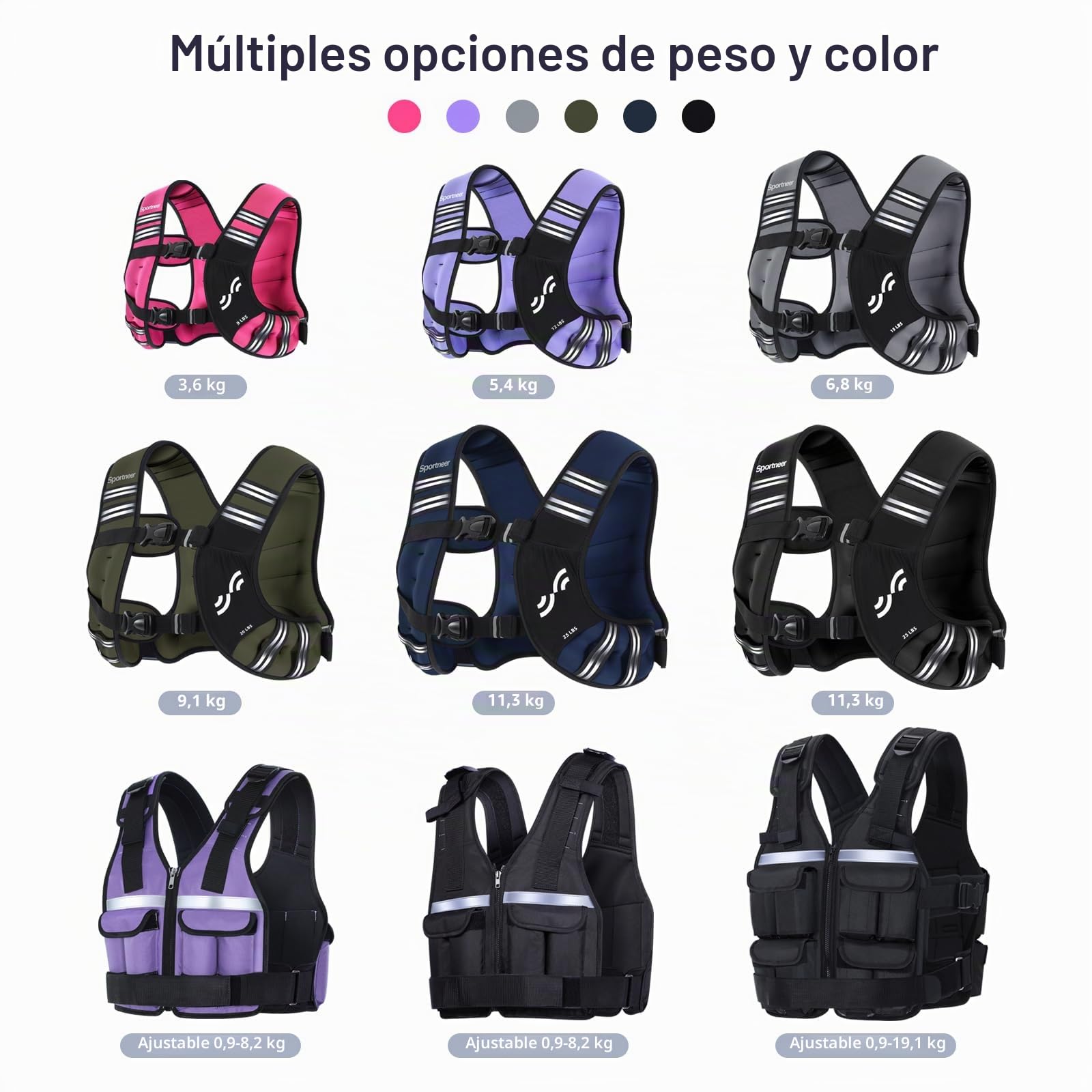 Sportneer Chaleco con peso para entrenamiento de correr, 8 libras/5,4 kg/11 kg, chaleco de peso con rayas reflectantes para fitness y construcción