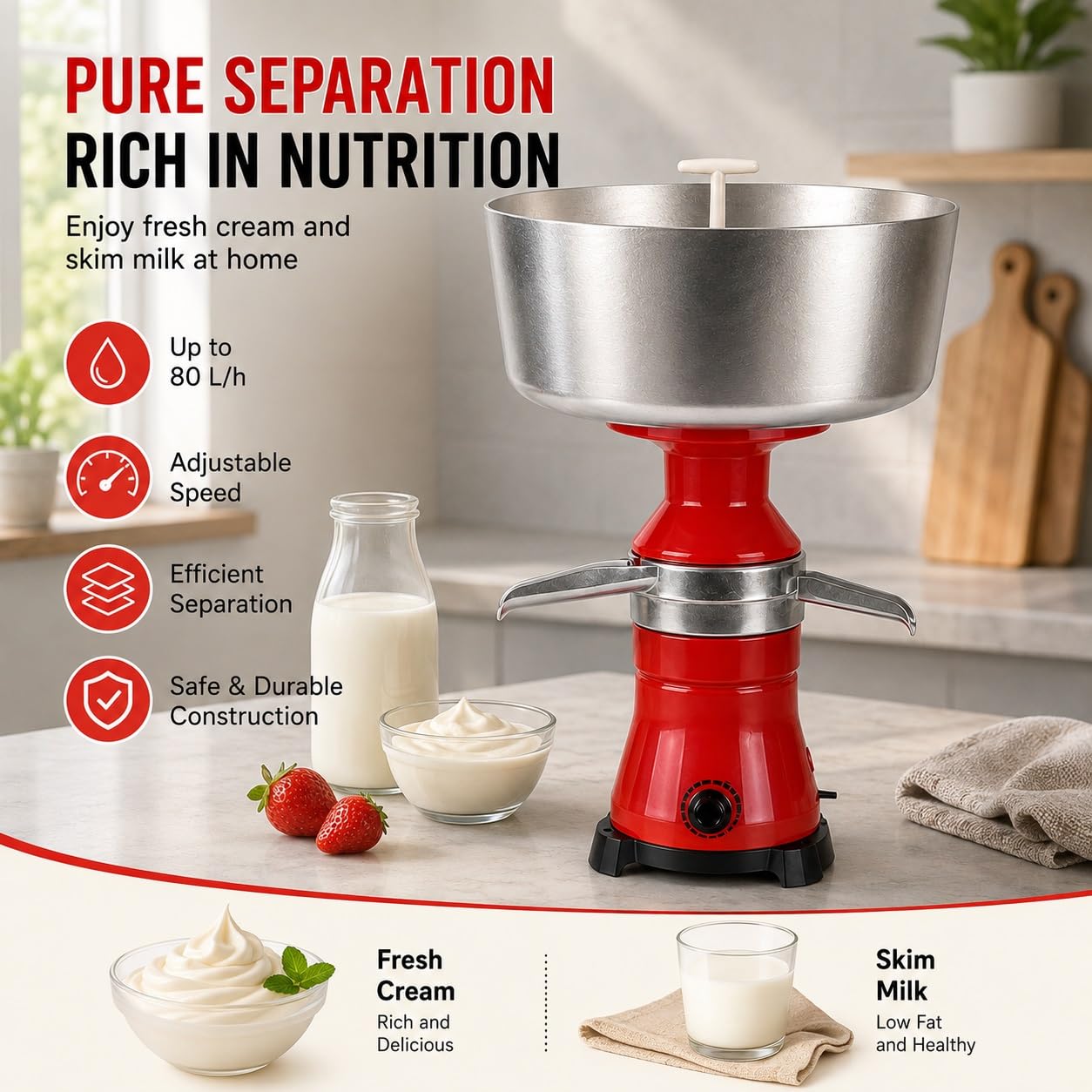 Odśrodkowy Separator Mleka, Ekstraktor Śmietanki 80L/H | 10500RPM, misa 12L, stal 304, do gospodarstwa domowego, surowe mleko krowie kozie
