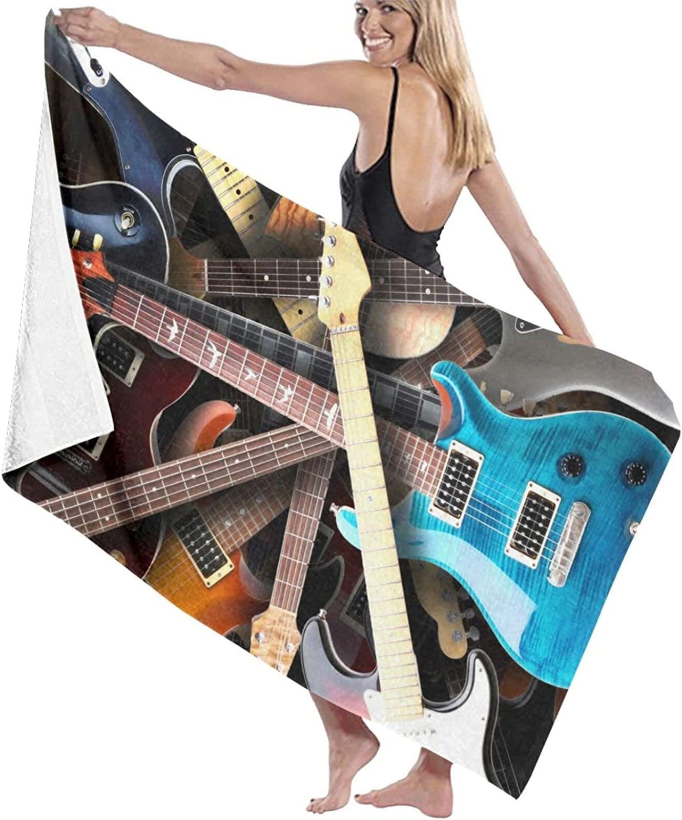 Buohwiwe 3D Serviette De Plage Guitare, Séchage Rapide Microfibre Serviette De Bain, Voyages Camping Vacances Femme Homme Enfant Drap De Plage Guitare