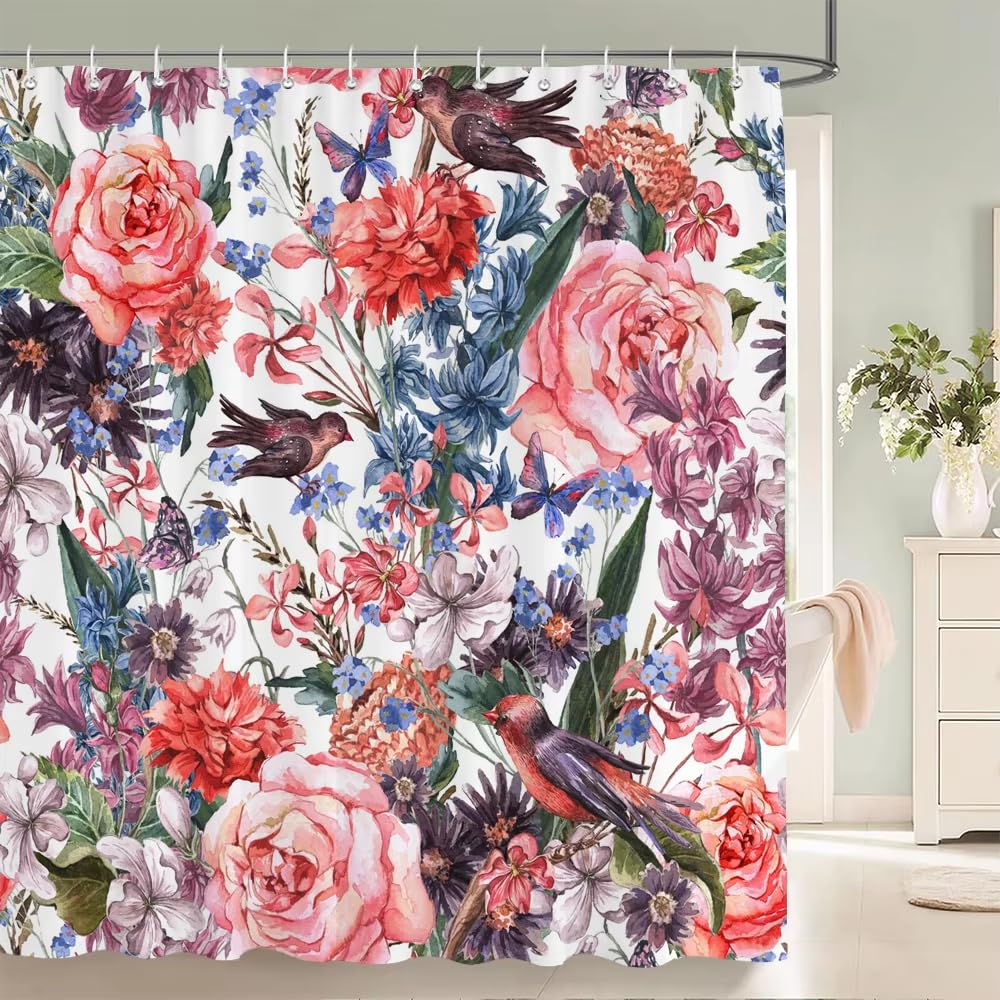 Tenda da doccia con stampa 3D di fiori e foglie, tenda da bagno in tessuto di poliestere impermeabile con ganci (300x180 cm/LxA)