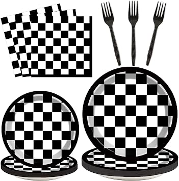 200 Pcs Checkered Flag Party Supplies Black and White Checkered Paper Plates Racing Car Party Plates Napkins Forks Disposable Black Plaid Tableware set for Kids 50 Guests Birthday Decorations Supplies