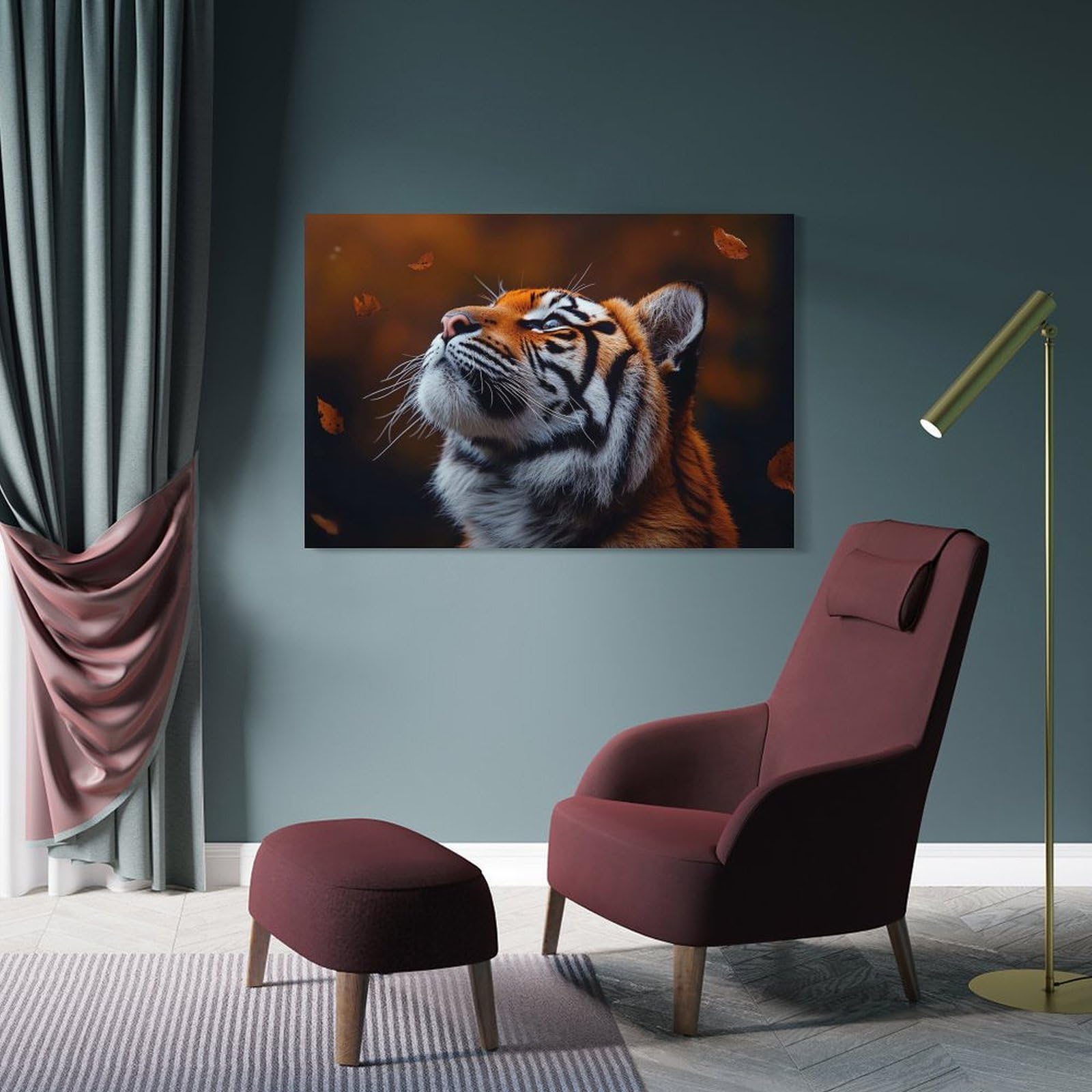 Junmoney Tiger Looking Up at Falling Leaves Room Decor Wall Art, 20x30inch(50x75cm), for Bedroom, Guest Room Or Reading Nook, Home Artwork with A Soft Interior Feel