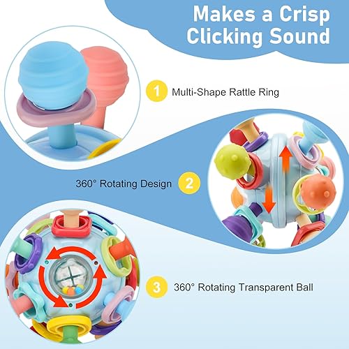 Miniatura 7 de Paquete de 2 juguetes de dentición para bebés de 0 a 6 a 12 meses, multifuncionales de silicona de grado alimenticio para bebés, juguetes