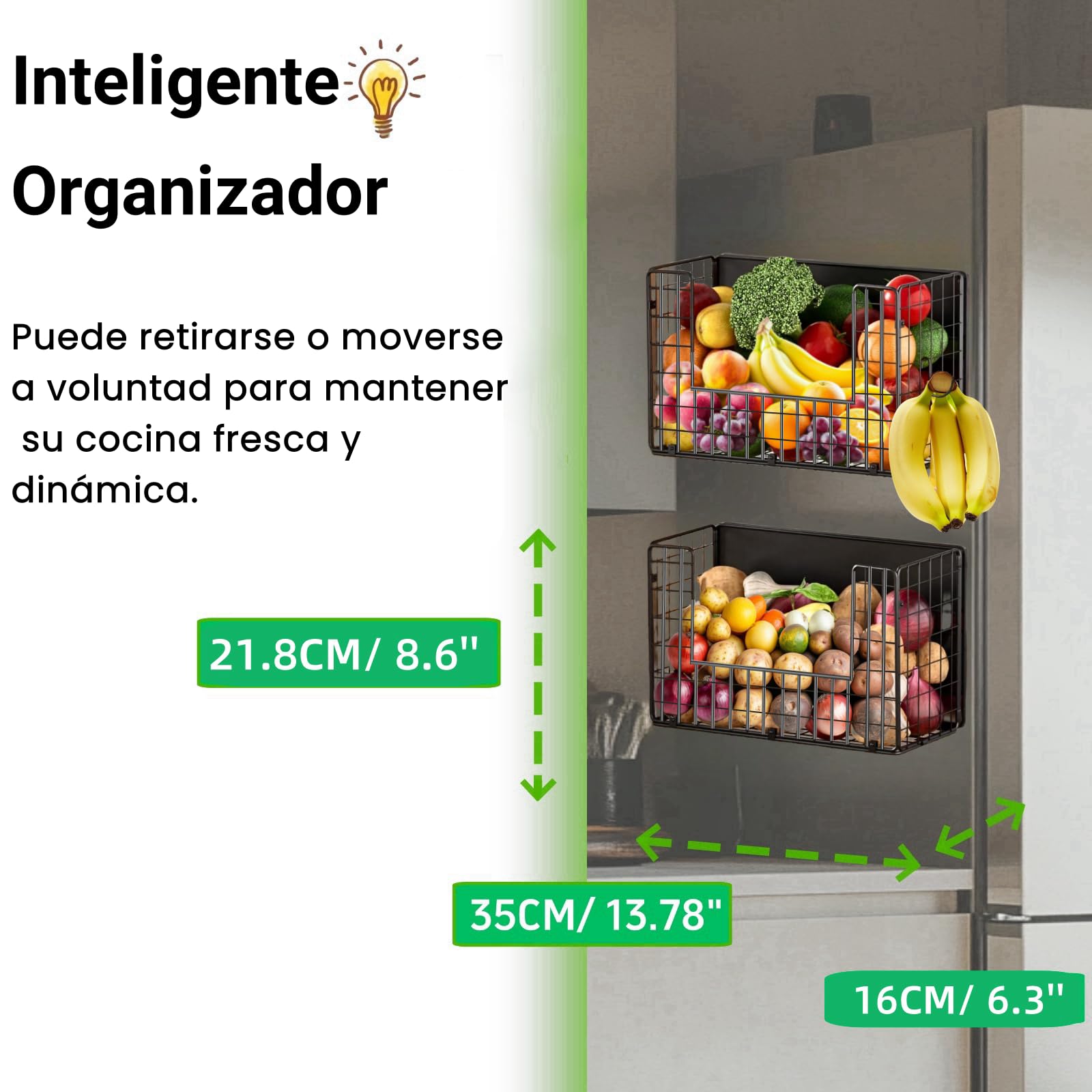 2 cestas magnéticas para frutas colgantes y especias, organizador de cocina, estantería de cocina, sin taladrar, cesta de frutas, frutas y verduras, estante magnético para frigorífico, color negro