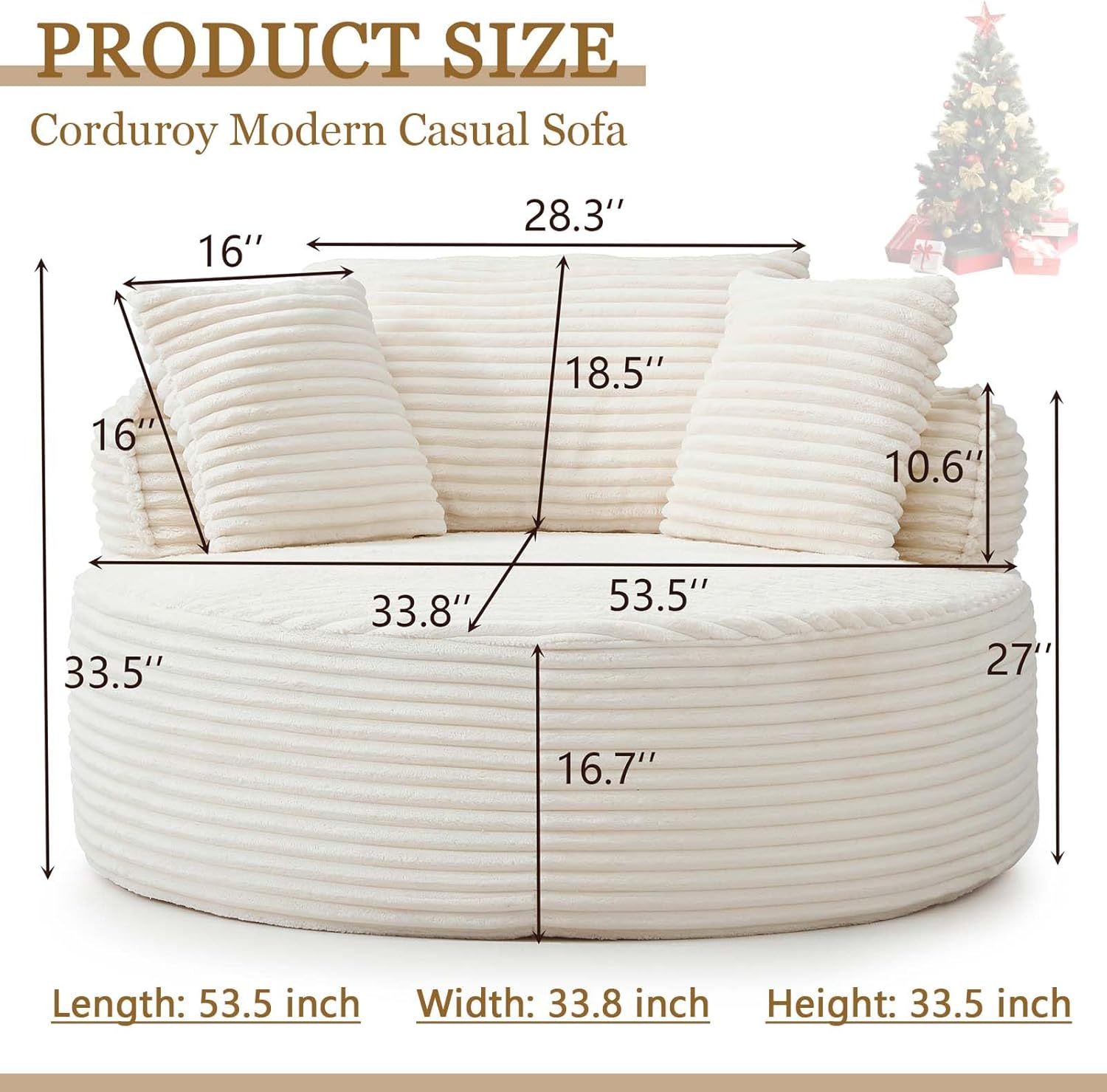 53" Oversized Round Chaise Lounge Chair, Black Boneless Chaise Lounge with Comfy Pillows & Cushioned Backrest, Corduroy Round Sofa Chair for Living Room Bedroom, Memory Foam, No Assembly (Beige)