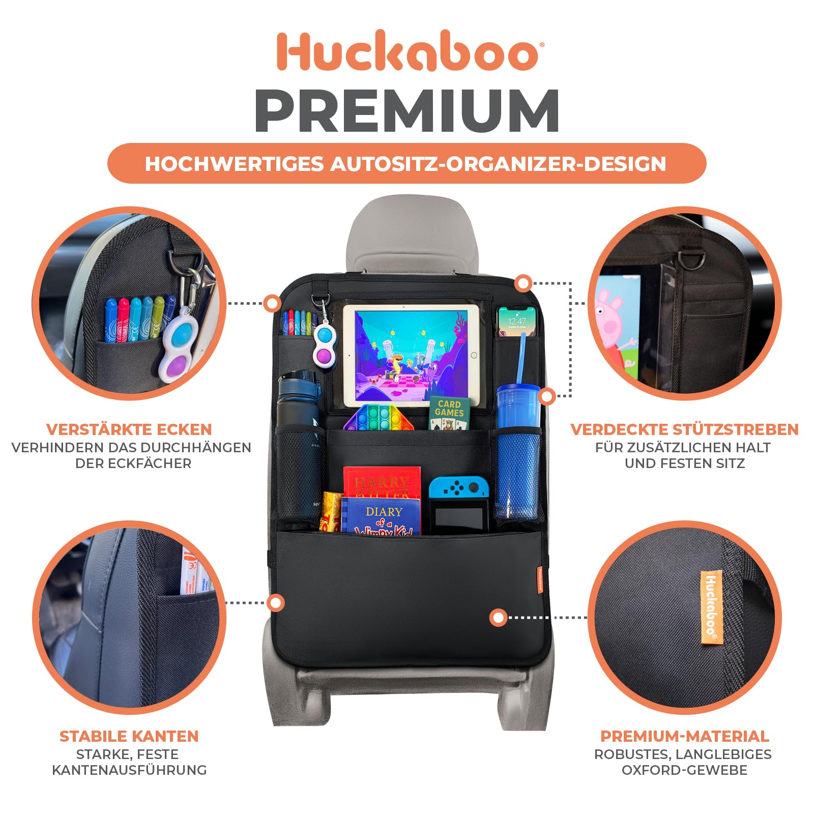 Huckaboo Autositz Organizer – Rücksitz-Organizer für Kinder & Auto-Rückenlehnenschutz mit Tablet-Fach & vielen Taschen, Schwarz, 2 Stück