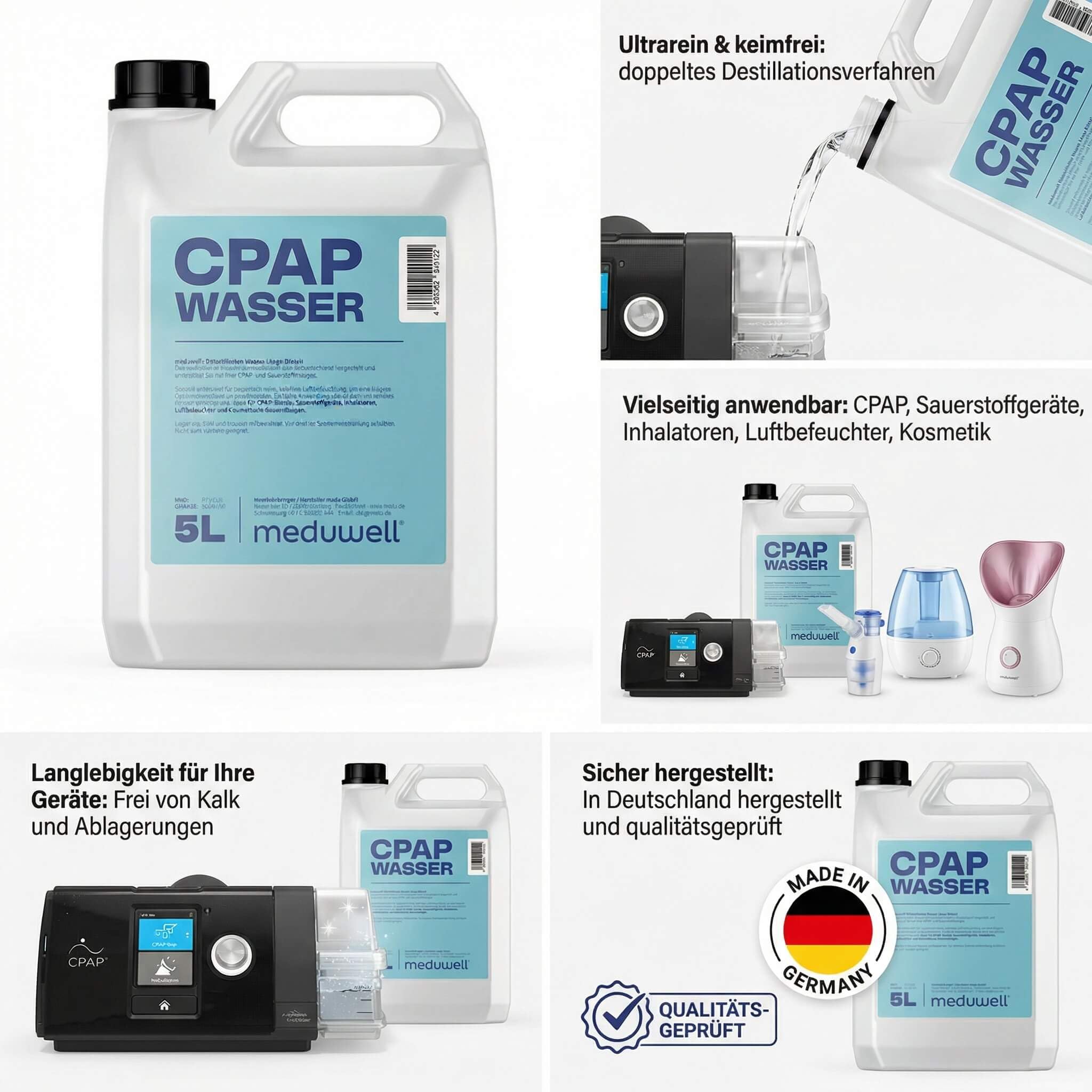 CPAP Wasser, Bidestilliertes Wasser für Atemtherapie, Sauerstoffgeräte, Inhalatoren, Luftbefeuchter, Kosmetische Anwendungen, 5 Liter Kanister (1x 5 Liter Kanister)