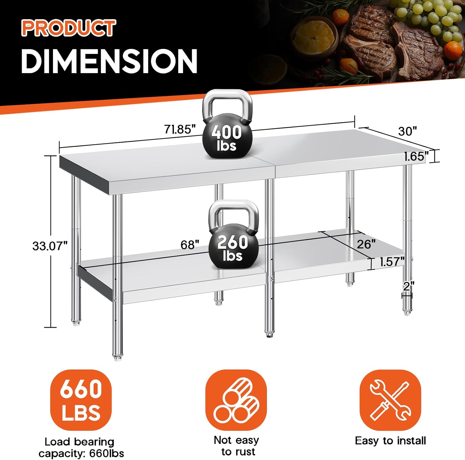 30x72in Stainless Steel Prep Table, NSF Certified Kitchen Workbench with Adjustable Undershelf for Home, Restaurant, Hotel & Garage Use