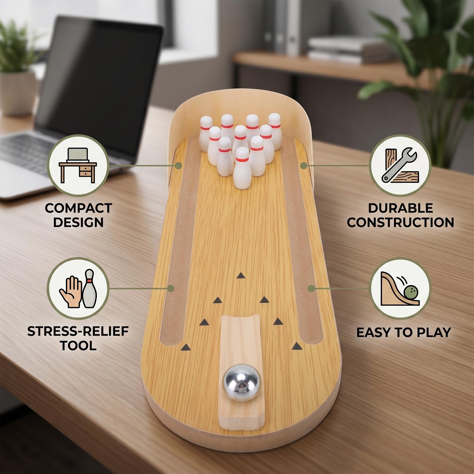 Bowling De Table Miniature – Jeu En Bois Avec 10 Quilles Et Boule Métal – Portable – Dès 3 Ans