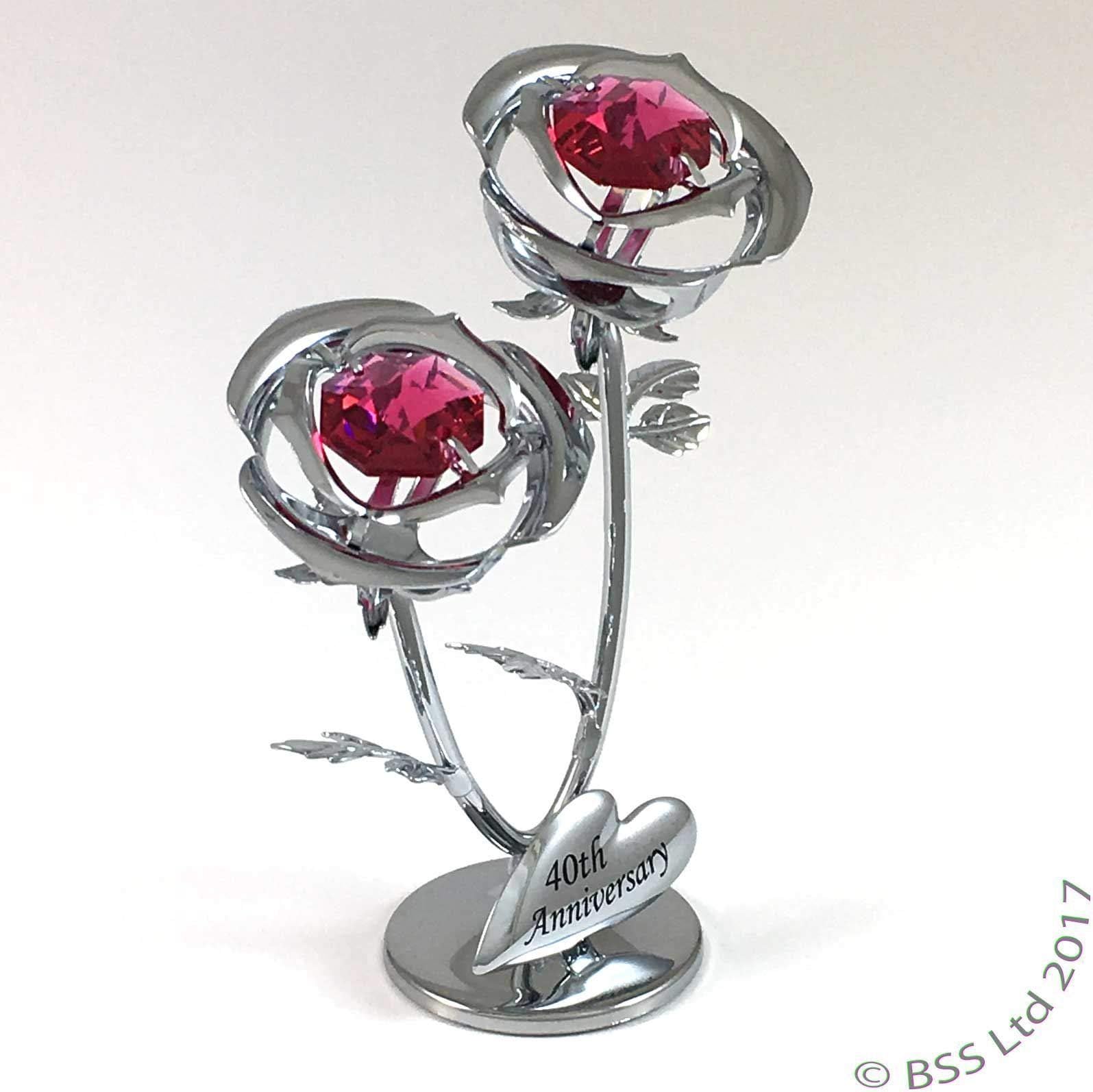 Crystocraft 40th Anniversary Double Rose Chrome Ornament Made with Swarovski Elements