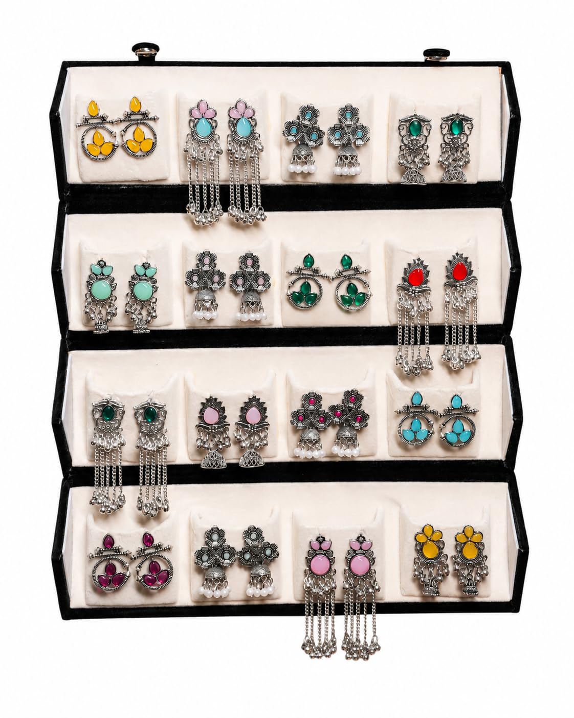 Oxidised Silver Jhumka Earrings Set of 16 Pairs, Multicolour Stone Embellished, Traditional Indian Style, with Velvet Storage Box-image-49