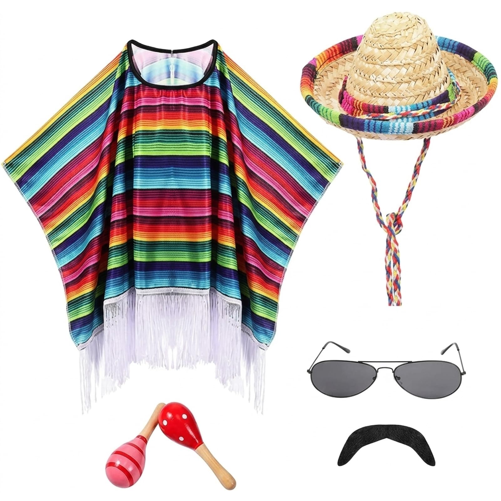 Aiofaervy Mexican Poncho and Sombrero Set for Adults,7Pcs Mexican Party Costume Set Includes Fiesta Serape Poncho Sombrero Hat Sunglasses Fake