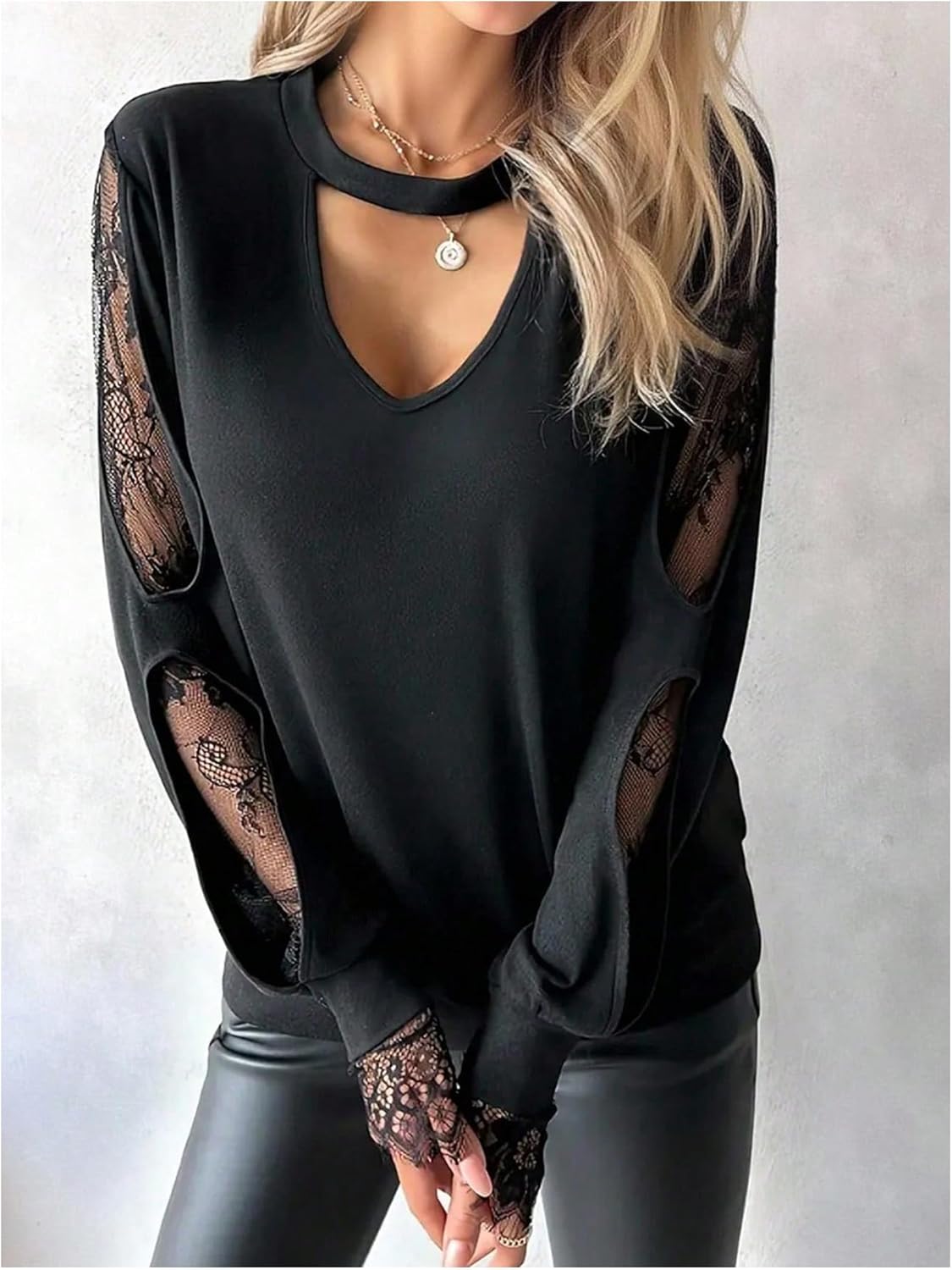 MakeMeChic Women's Plus Size Floral Lace T Shirt Cut Out Long Sleeve Dressy Tee Tops Blouse - Image 3