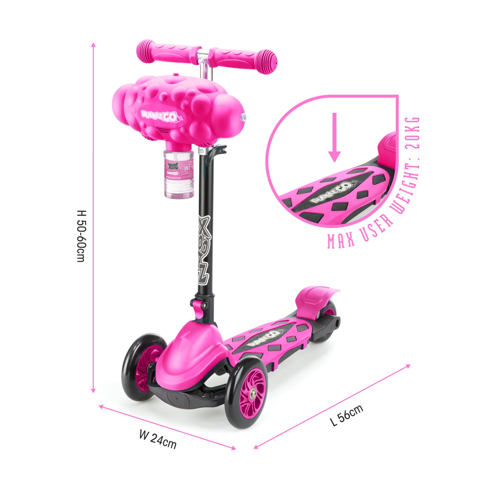 Xootz Kids Bubble Go Faltbarer Tretroller 3 Räder Tri-Scooter mit Seifenblasenmaschine Neigung und Drehung Alter 3+ Rosa | 3-Rad-Kinderroller mit Seifenblasenmaschine, verstellbar, faltbarer Tri-Scooter für Kleinkinder, Balance und Lean to Steer