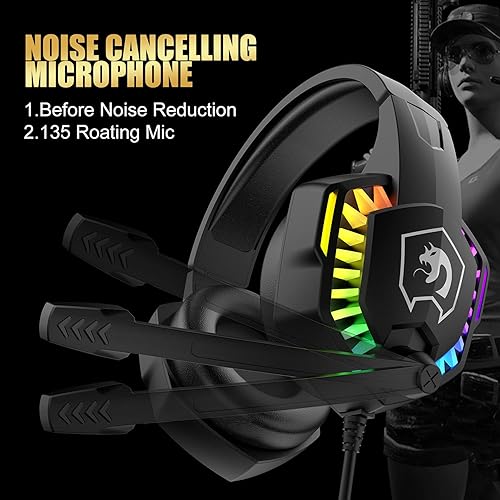 Miniatura 3 de MANBASNAKE Auriculares para juegos para PS4, PC, Xbox One PS5, auriculares con cancelación de ruido sobre la oreja con micrófono ajustable, luz RGB