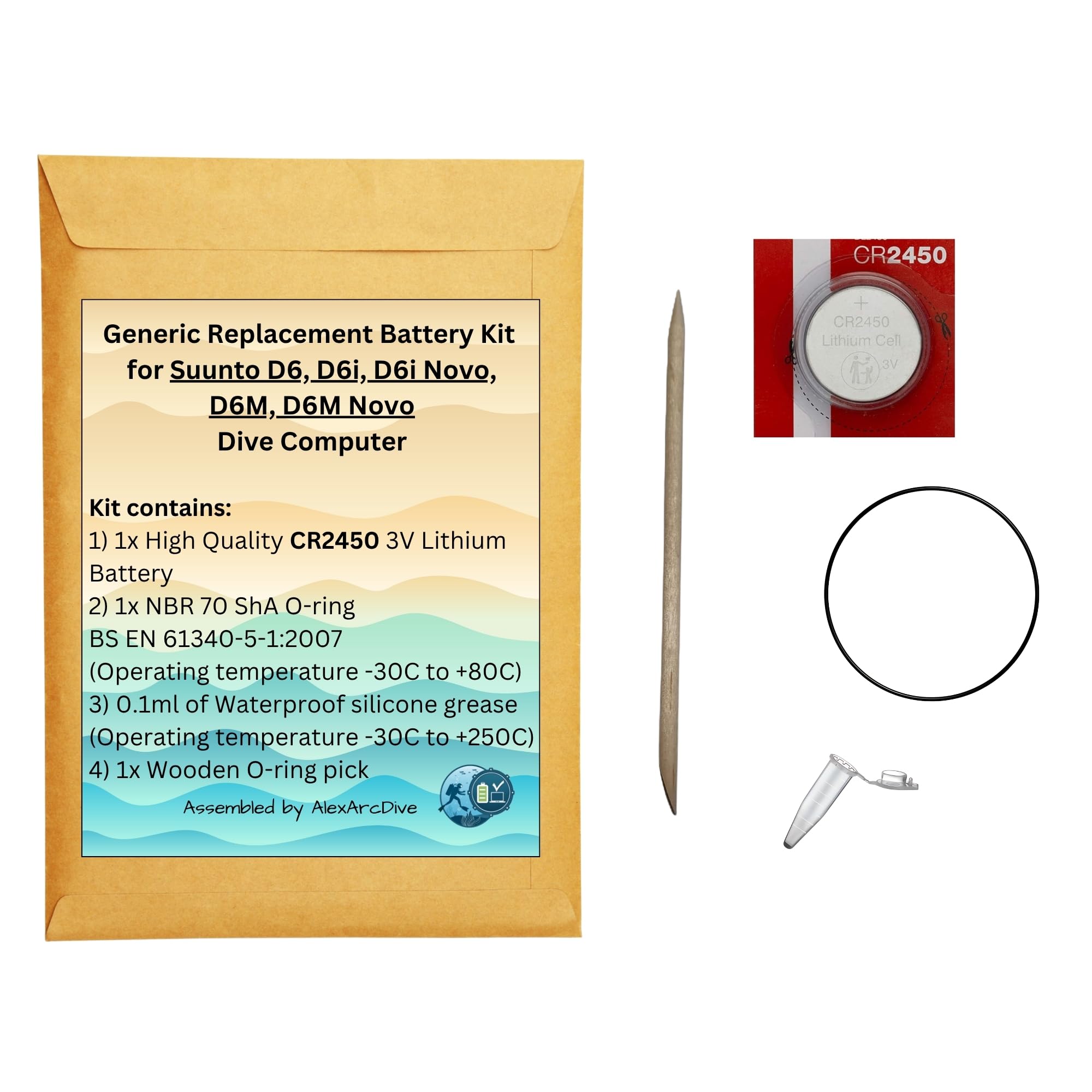 Generic Replacement Battery Kit for Suunto D6, D6i, D6i Novo, D6M, D6M Novo Dive Computer, Spare Service Set, assembled by Alex Arc Dive