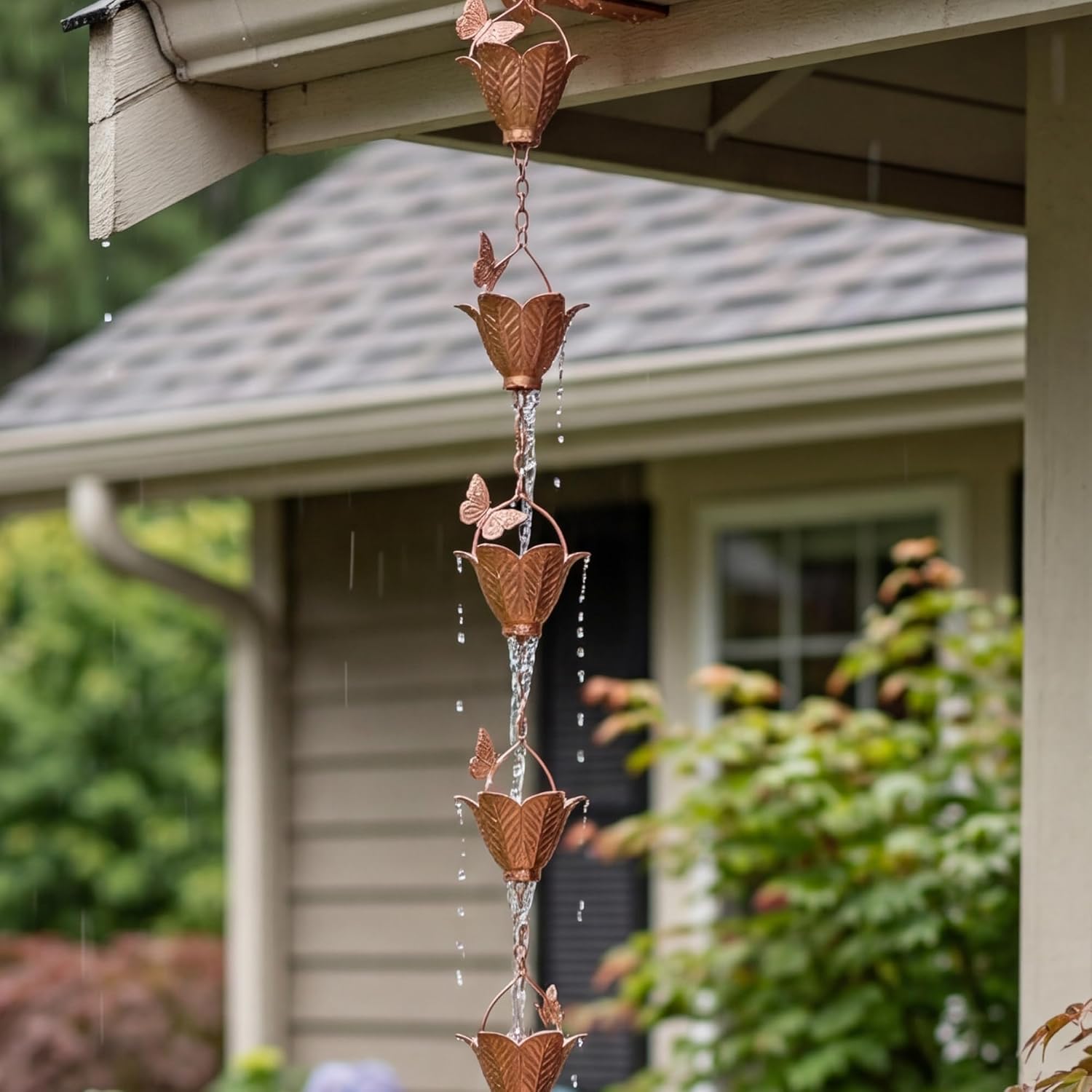Metal Rain Chain Decoration 8.7FT., Rain Catcher Metal Chain Gutter Downspout 105'' for House Eaves, Garden & Home, Butterfly&Flowers Shape Rain Chains
