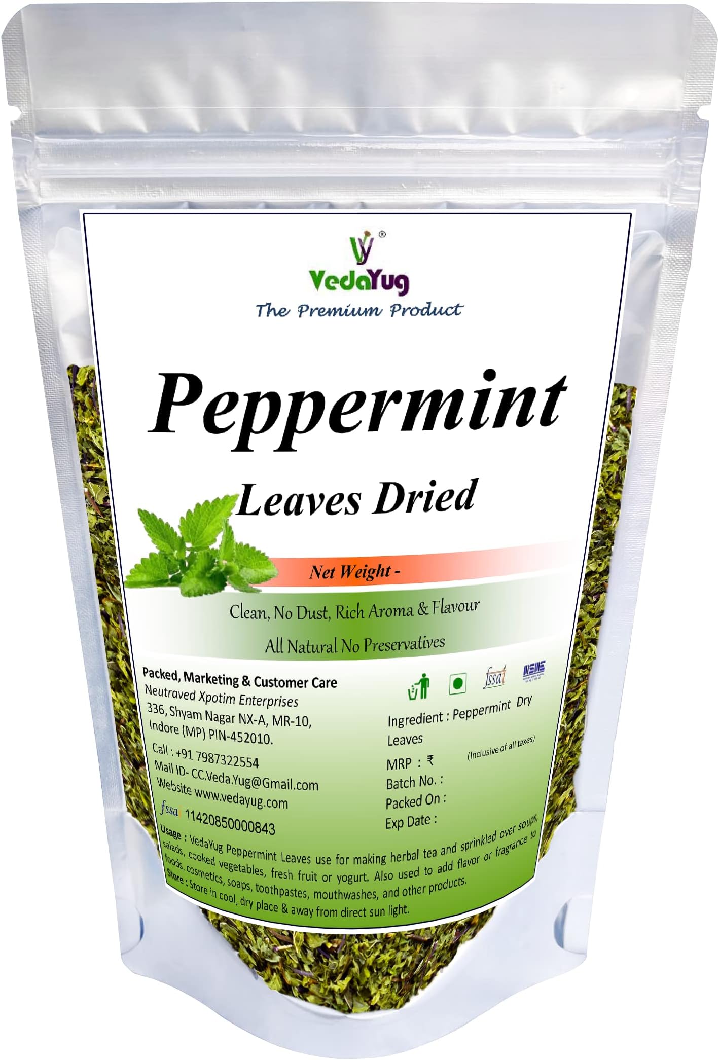 VY VedaYug Peppermint Tea Leaves, Herbal Tea loose Leaf, Caffeine Free, Steep Hot Or Iced -70g