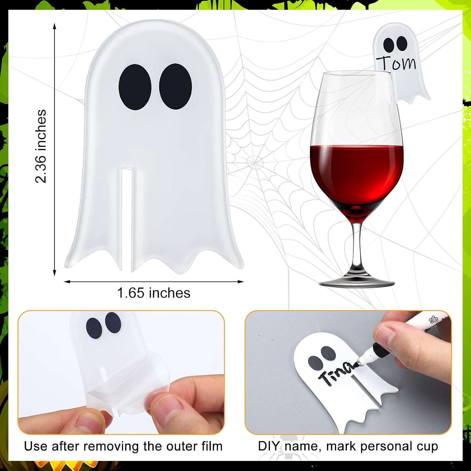Pickmesh 24 Pcs Halloween Wine Charms Drink Markers Decor Ghost Drink Tag Ghost Wine Charm for Rim of Glass for Halloween Decor