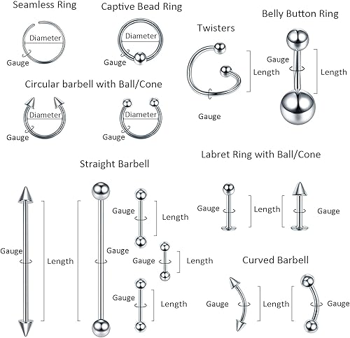 Miniatura 9 de Xpircn Kit de 150 piercings de acero inoxidable para labios, nariz, lengua, tragus, cartílago, daith, cejas, ombligo, ombligo, piercing,