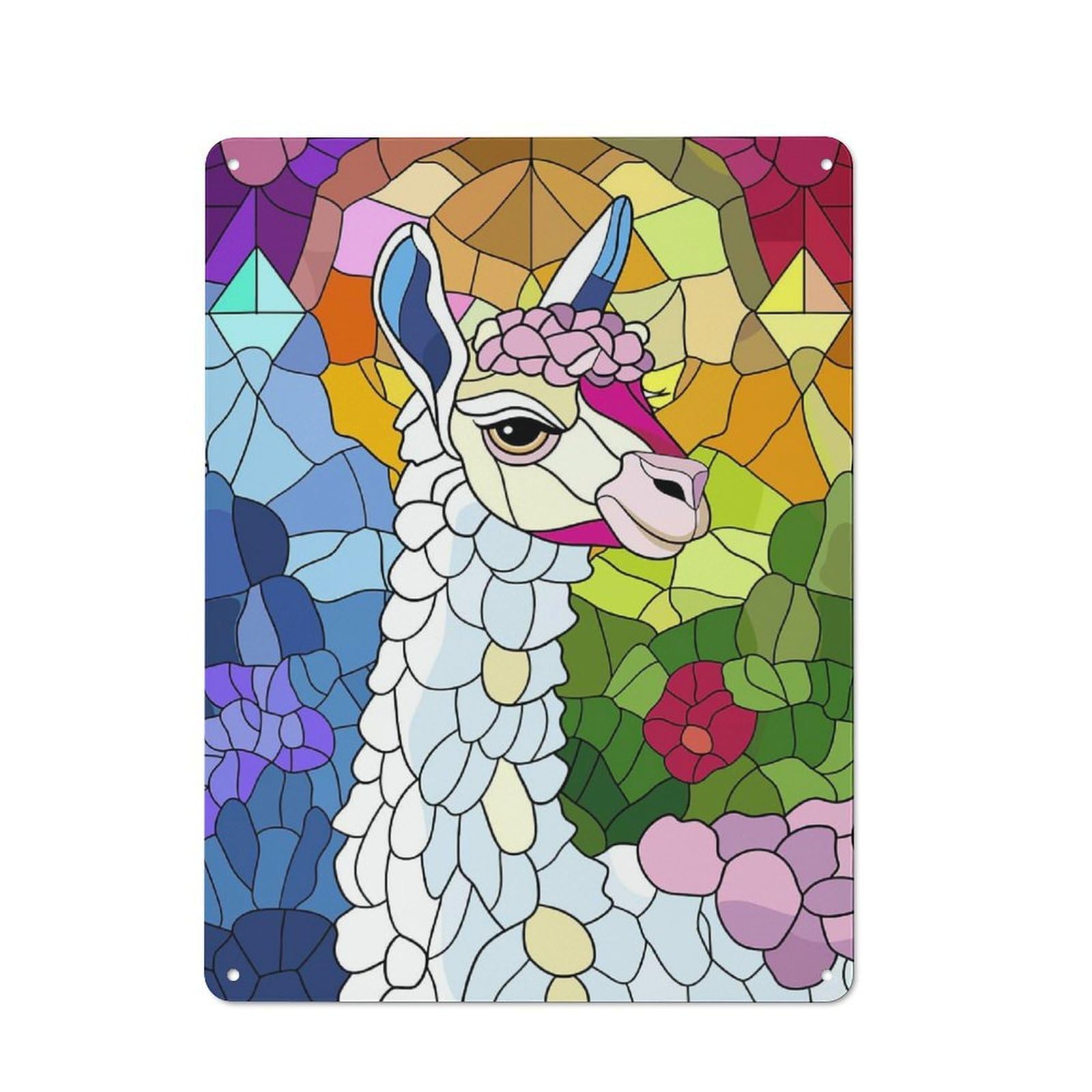 Junmoney Style-17 Stained Glass Llama With Flowers Decorative Metal Plaque 40X30cm, Loft Style Urban Room Decor For Flat, Bar, Studio Or Gallery Wall