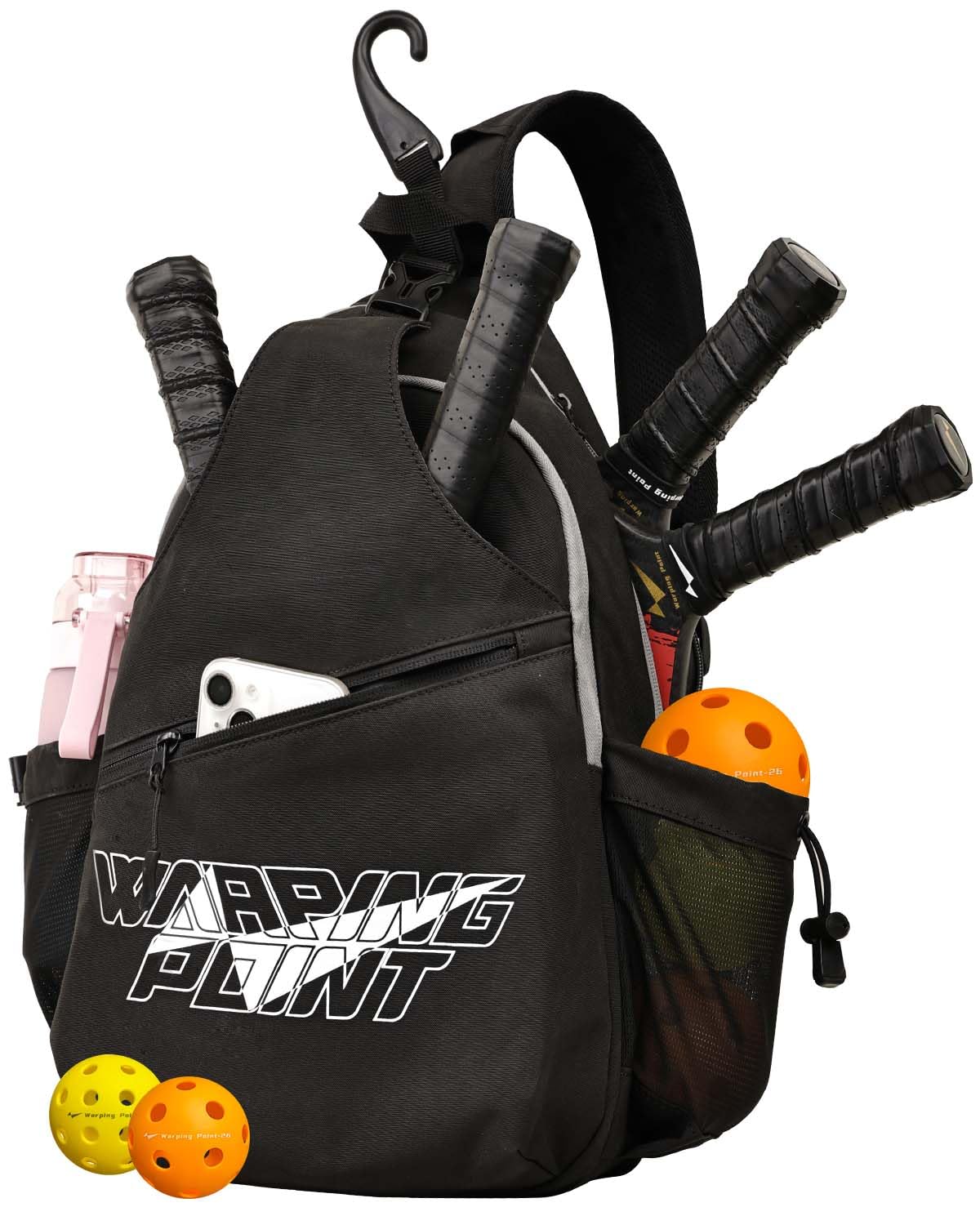 Warping Point Bolsa de pickleball, mochila cruzada ajustable de gran capacidad para mujeres y hombres, bolsa de pádel con capacidad para 2 a 4 paletas con múltiples compartimentos, gancho de valla de