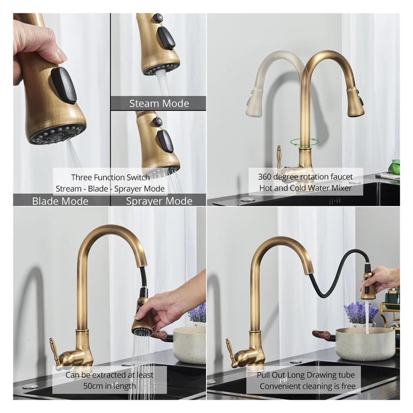 Antiker Messing-Küchenarmatur, herausziehbarer Küchenspülen-Wasserhahn, Einhebelmischer, 360-Grad-Schwenkkran, Aufsatzmontage(Chrome C)