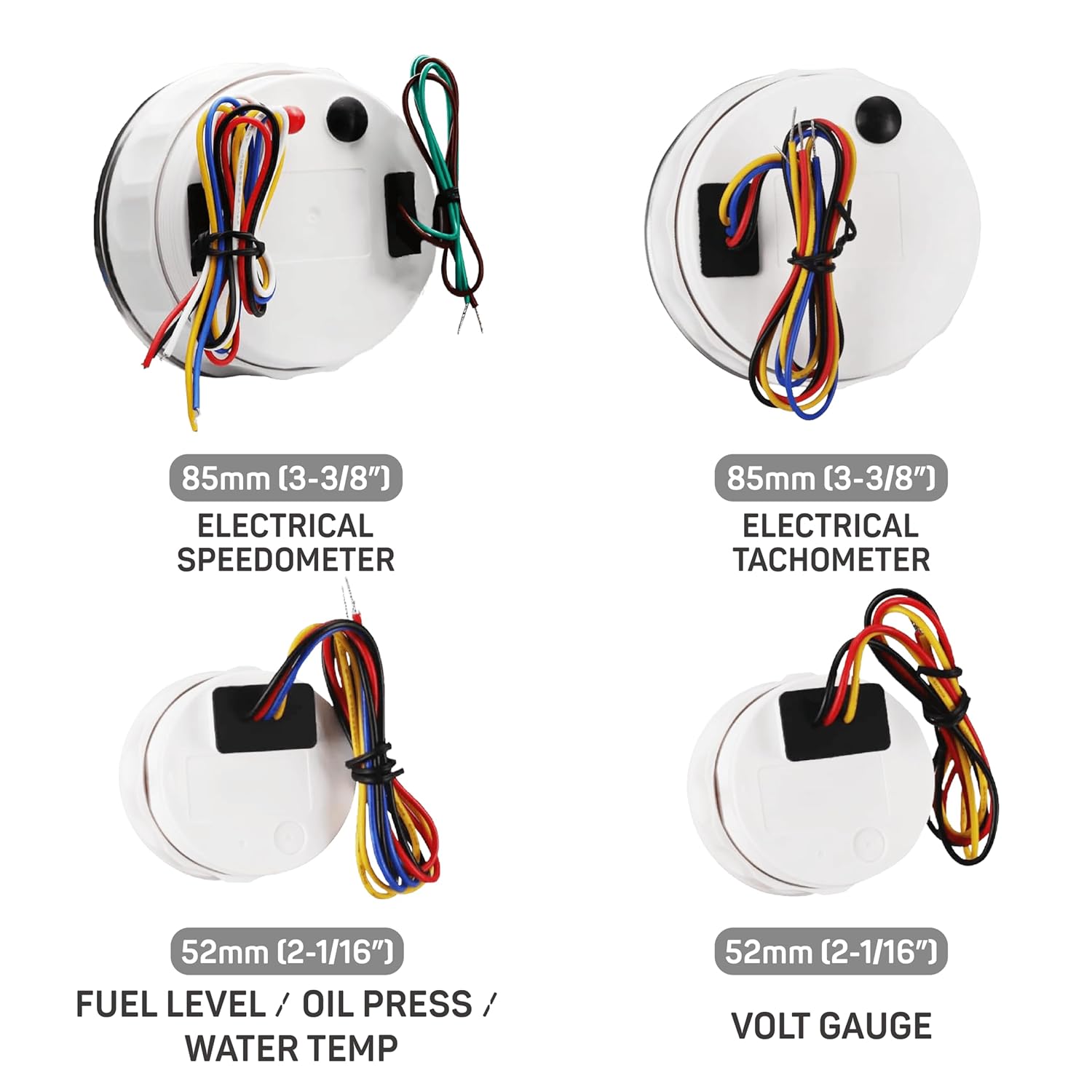 6 Gauge Instrument Set – 85mm (3-3/8") GPS Speedometer 120 MPH Indicators & Tachometer 8000 RPM – 90° 52mm (2-1/16") Fuel Oil Water Temp Volt Gauges – White Dial 7-Color 12V/24V