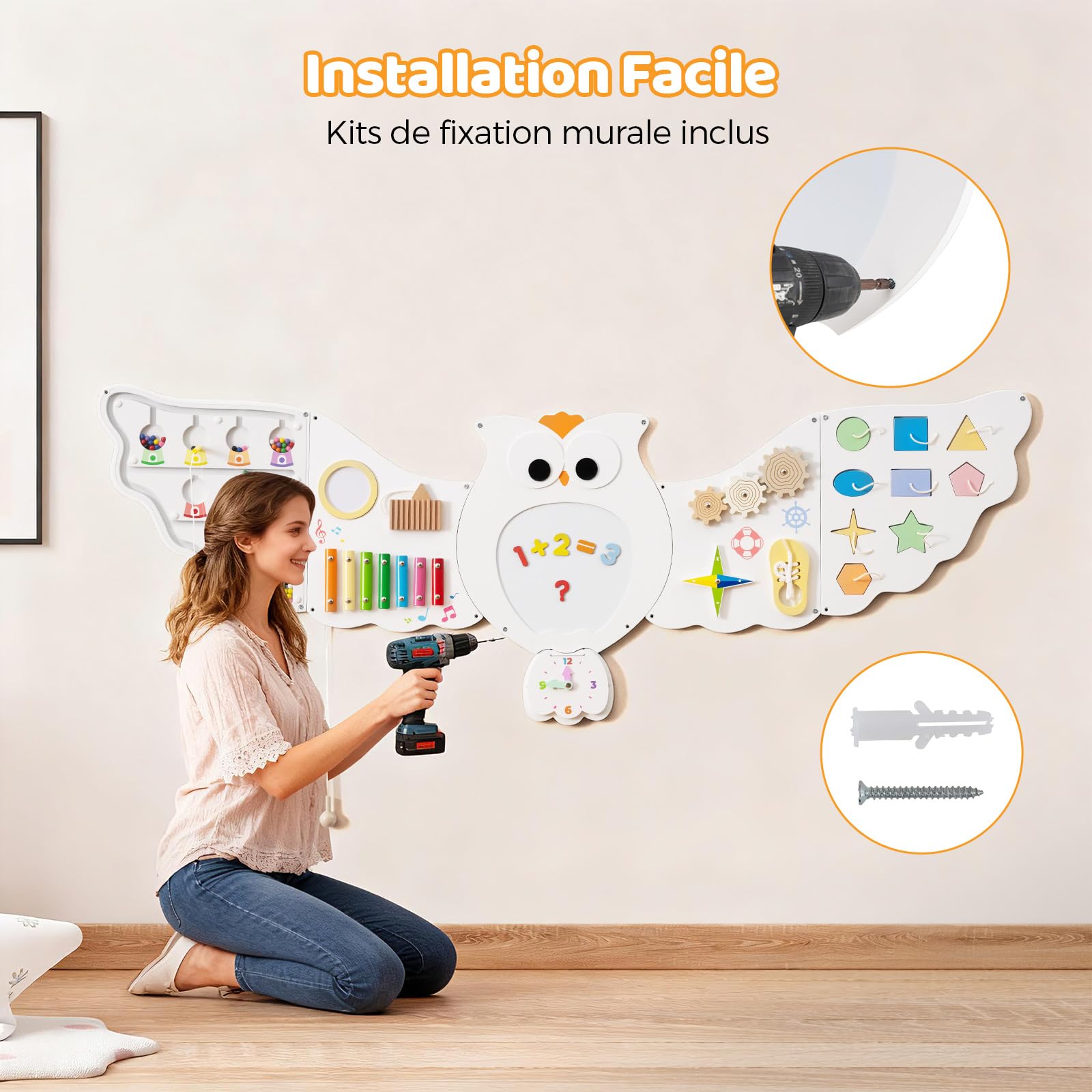 DREAMADE Busy Board Montessori, Planche d'Activités en Bois pour Enfants de 3+ Ans, Tableau Sensoriel avec 5 Tableaux, Jeux Educatif pour Salle de Jeux, Maternelle (Blanc Hibou)