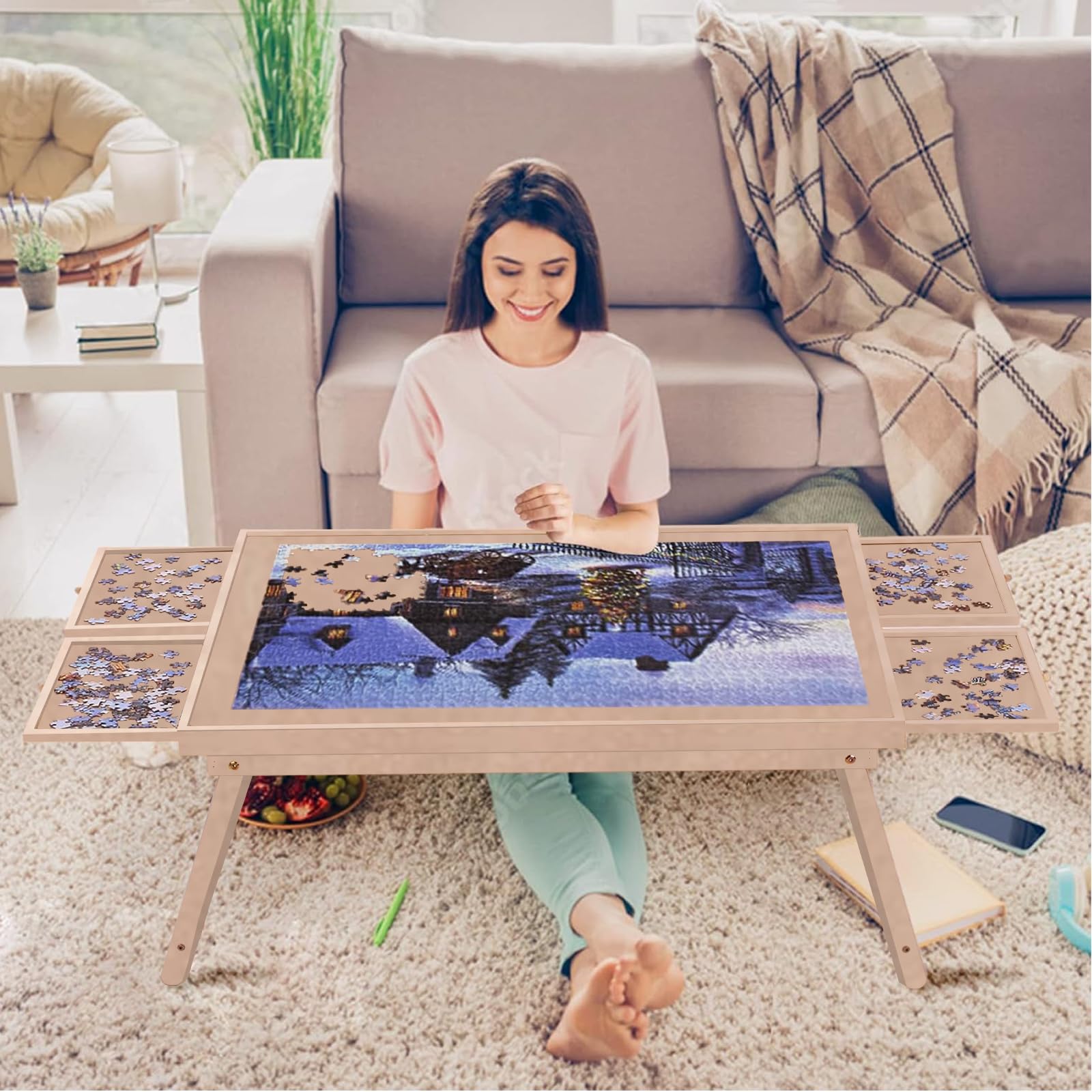 puzzle board 1500 pieces,34.3''x 26.5'' jigsaw puzzle table with 4 drawers and cover,portable board gametable with folding legs for adults and teens(almond color)