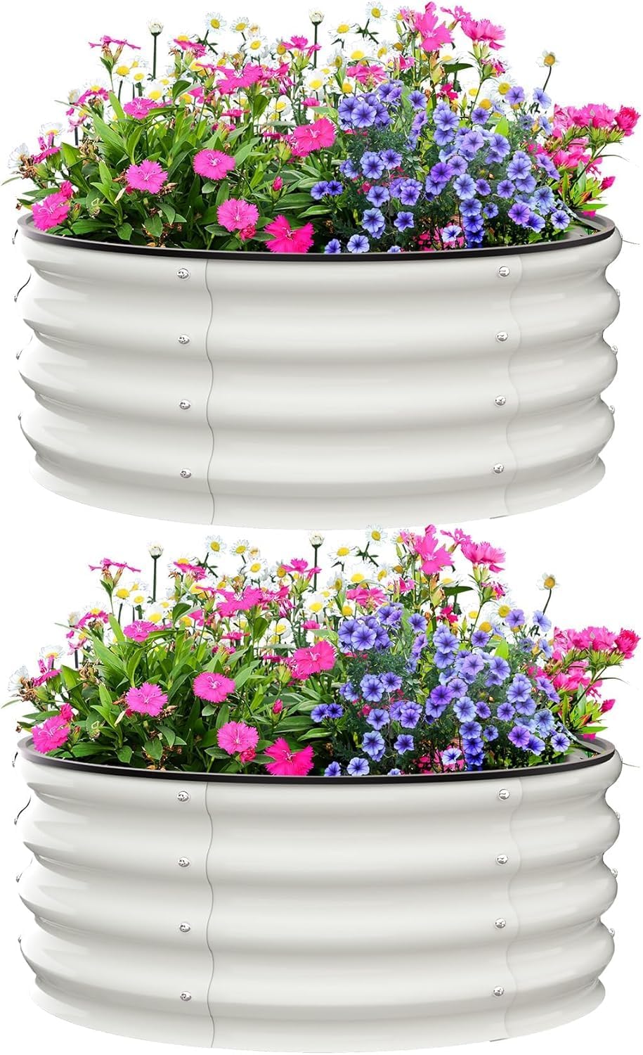 Huerto Elevado Ovalado y Circular de Pie para Jardinería Exterior, Terraza, Balcón, Espesor 0,7 mm, para Tomates, Verduras, Flores, Hierbas Aromáticas, 4×4×1FT, Blanco Crema, Juego de 2