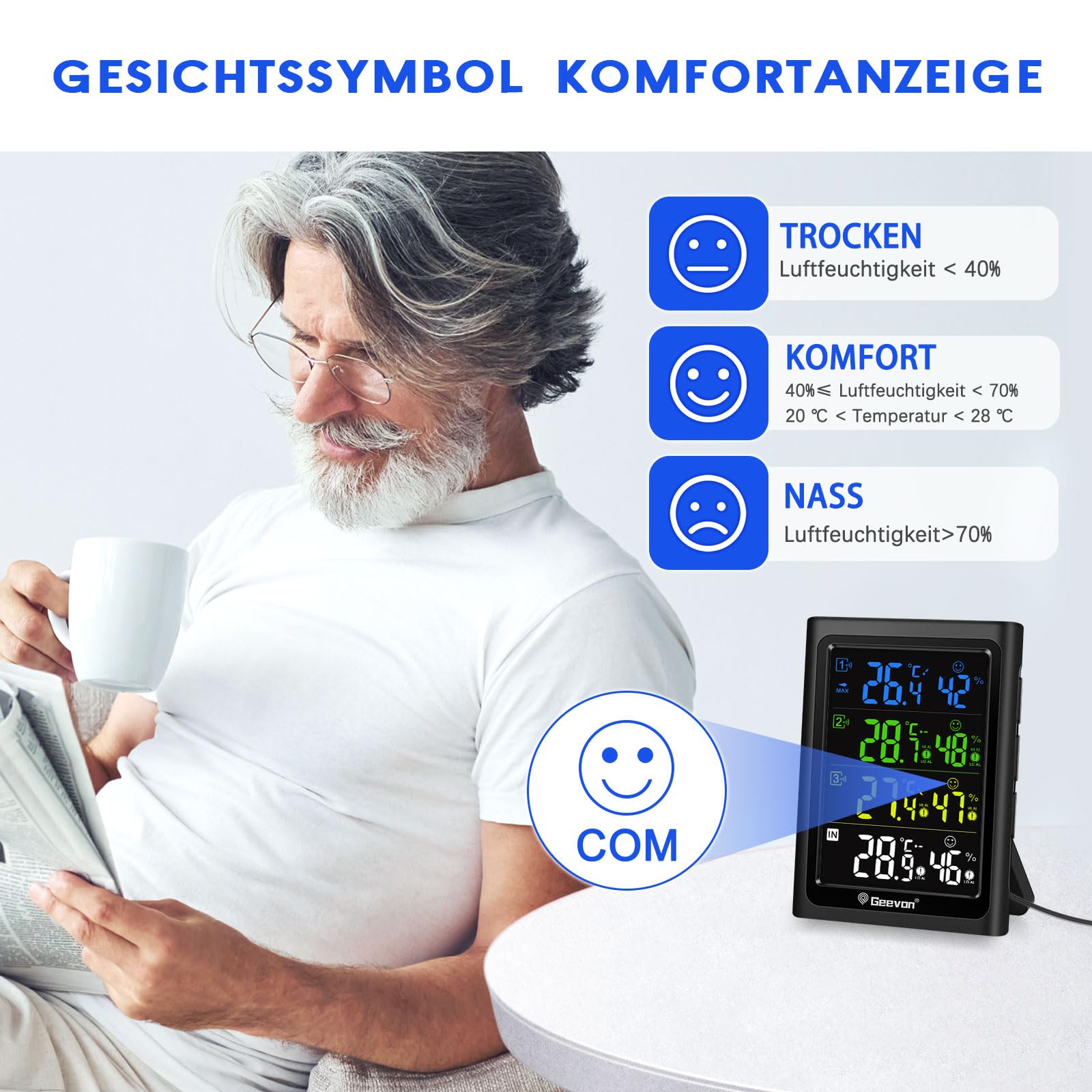 Geevon Termometro Interno Esterno con 3 Sensori a Distanza, Termometro Igrometro Digitale per Umidità, Misuratore di Temperatura e Umidità con Portata di 90M/300FT (Nero con Batteria)
