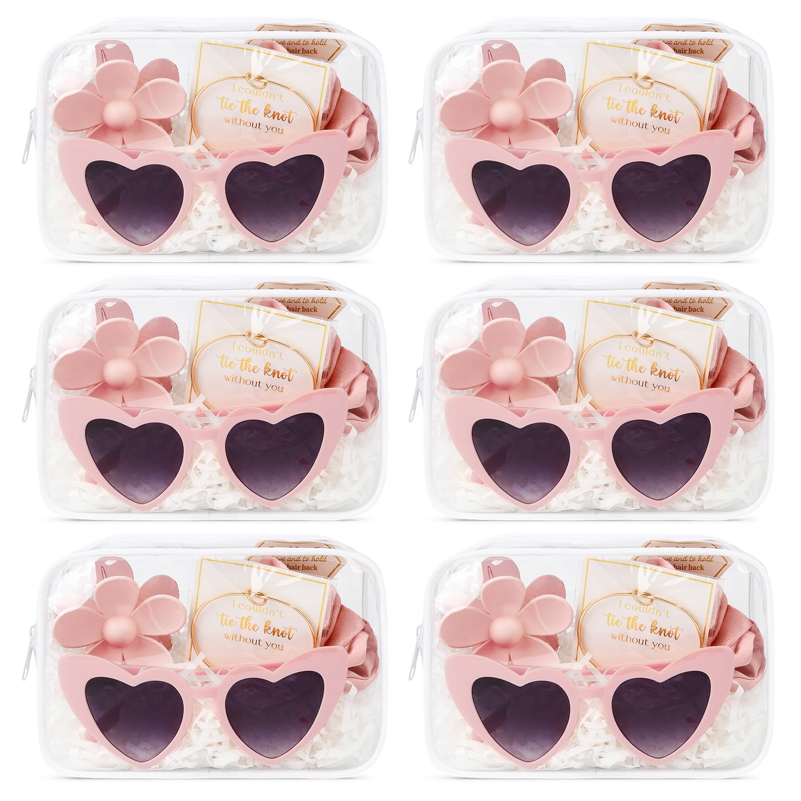 DEEKA Set di 30 borse trasparenti per proposte di damigella d'onore, trousse da trucco per addio al nubilato, bomboniere, occhiali da sole, clip a artiglio, elastici per braccialetti con nodi, regali