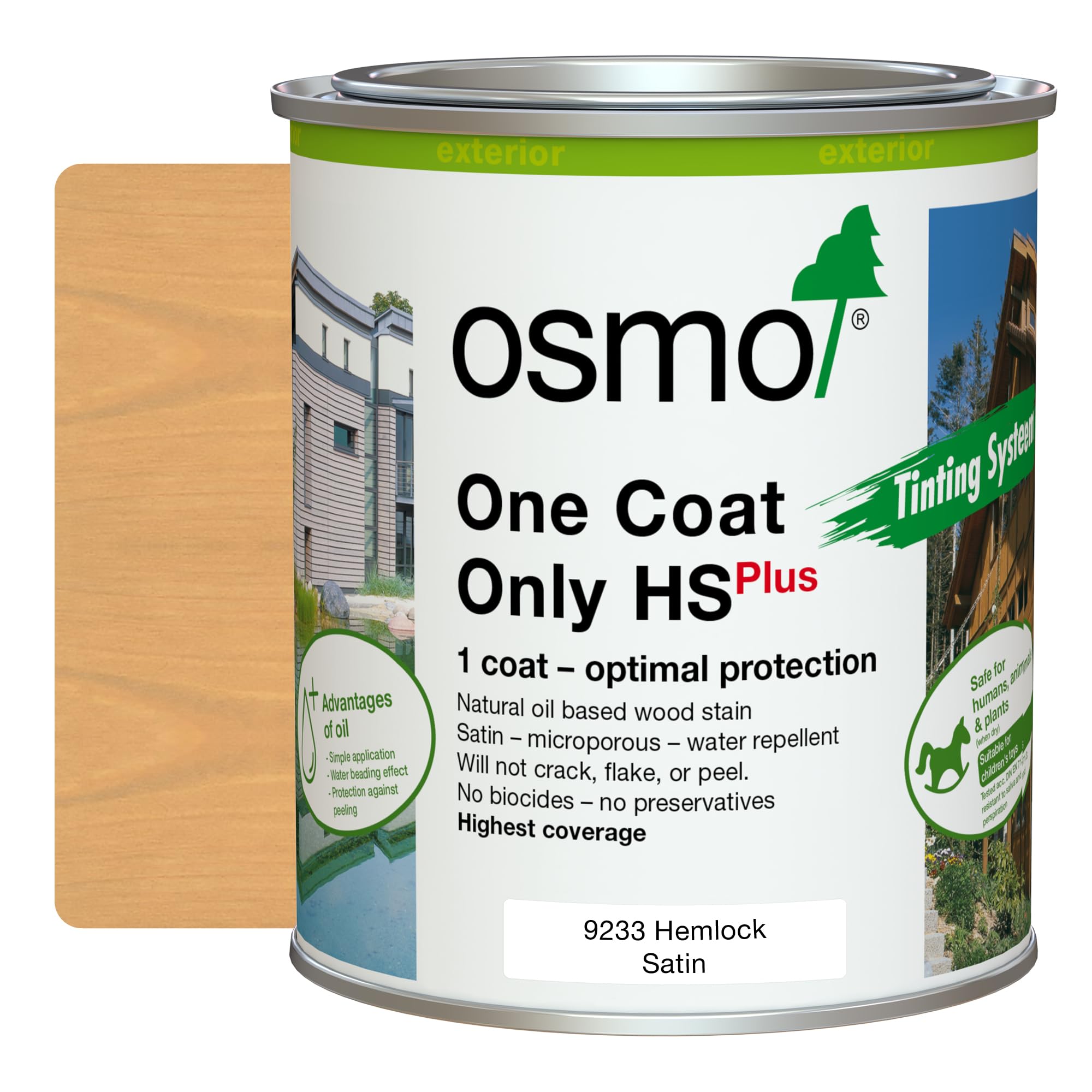 Osmo One Coat Only HS Plus - Oil Stain for the Protection for Outdoor Wood (9233 Hemlock, 0.75 Litre)