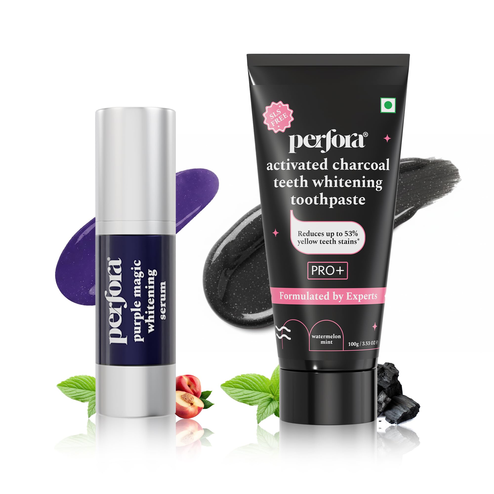 Perfora Luminous White Oral Care Combo: Purple Magic Whitening Serum & Charcoal Watermelon Mint SLS Free Toothpaste For Adults | v34 Colour Corrector for Teeth | Enamel Safe & Effective Teeth Whitener-image-48
