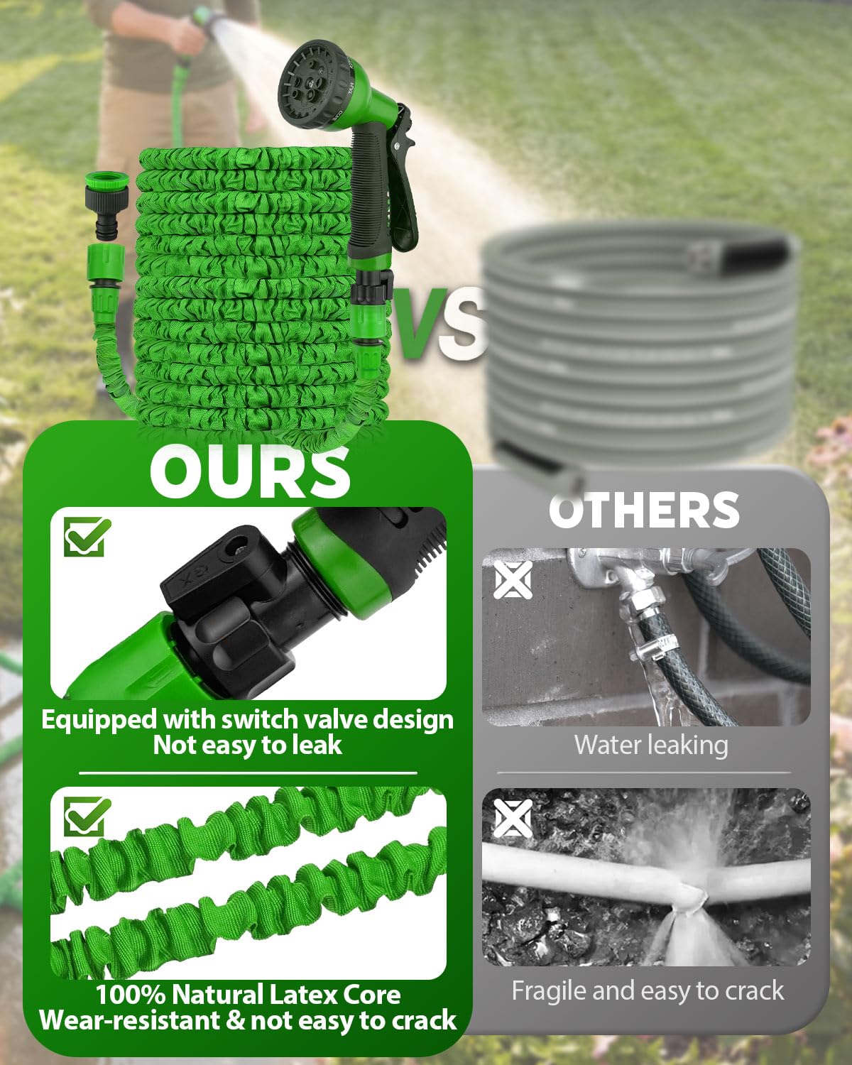 Evviee 100FT Expandable Garden Hose,Garden Hose Pipe with 3/4", 1/2" Fittings, Leakproof with 8 Function Flexible Hose Pipe, Anti-Leakage Latex Core Hosepipe (30M) - 3