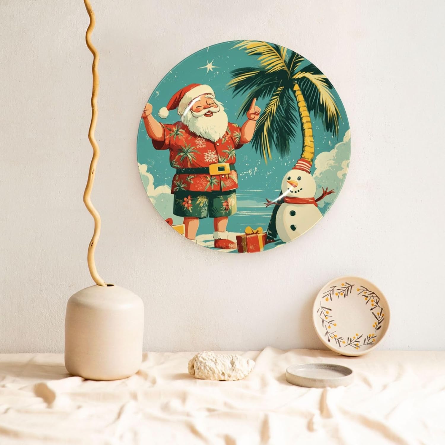 Hawaii-Santa-Snowman-Christmas 10 Inch Decorative Plate With Stand, Elegant Display Wall Plate For Home Decor