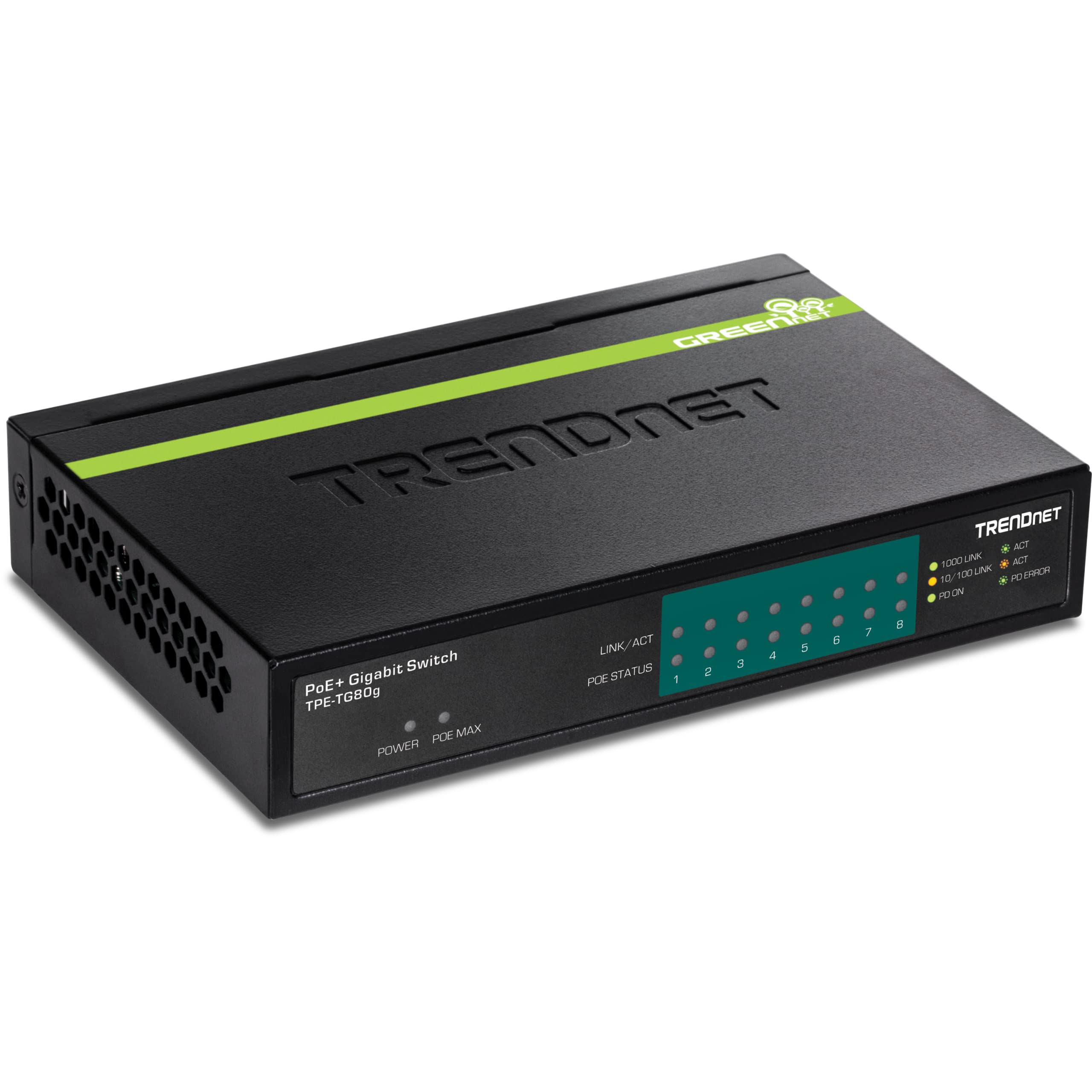 TRENDnet, TPE-TG80G, Switch Gigabit PoE+ de 8 Puertos, 23 W de Potencia PoE, 16 Gbps, Divisor Ethernet, Negro