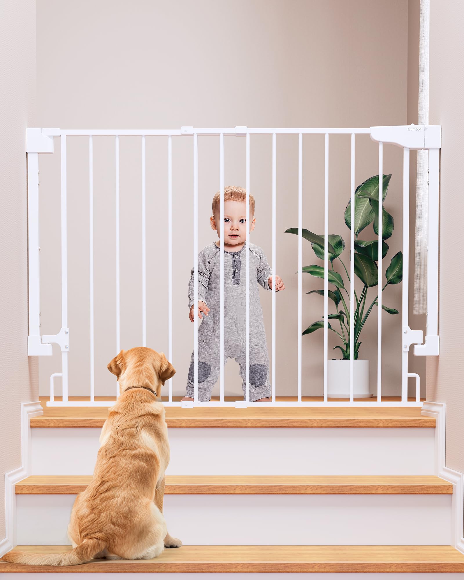 Cumbor 29.2–43" Baby Gate for Stairs, Wall-Mounted (Drill Required), Expandable No Bottom Bar Dog Gate, Auto Close Extra Wide Walk Thru, Pet & Toddler Proof Gate, Top & Bottom of Stairways (White)