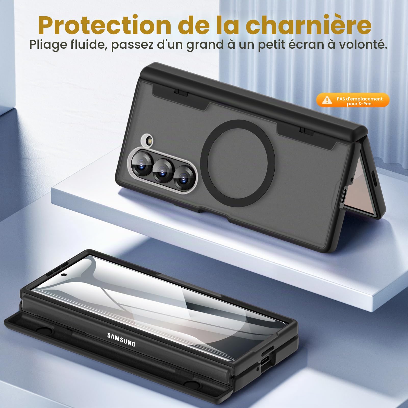 Caka Coque fine rigide translucide, Compatible Magsafe, Protection à charnière, Protection d'écran HD intégrée, antichoc, magnétique pour Samsung Galaxy Z Fold6, noir