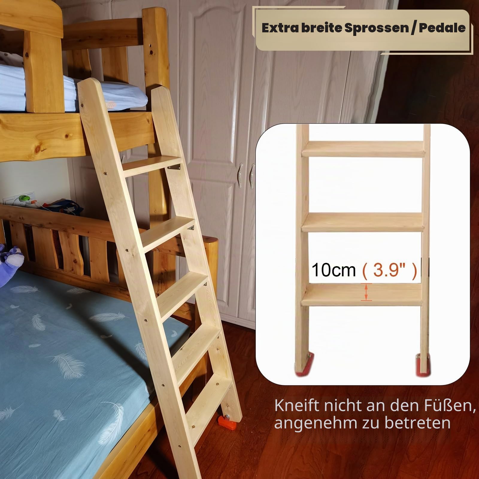 Échelle en bois pour lit superposé – 10 cm de large – Marches antidérapantes, patins et supports à crochets – Échelle de rechange idéale pour lits superposés, lits cabanes et camping-cars