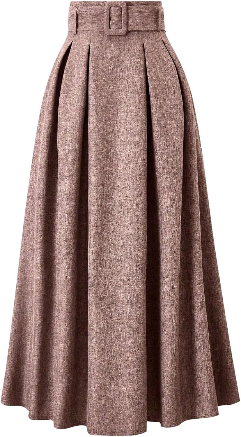 SOLY HUX Women's High Waisted Elegant Pleated Long Skirt A Line Belted Swing Fall Office Skirts