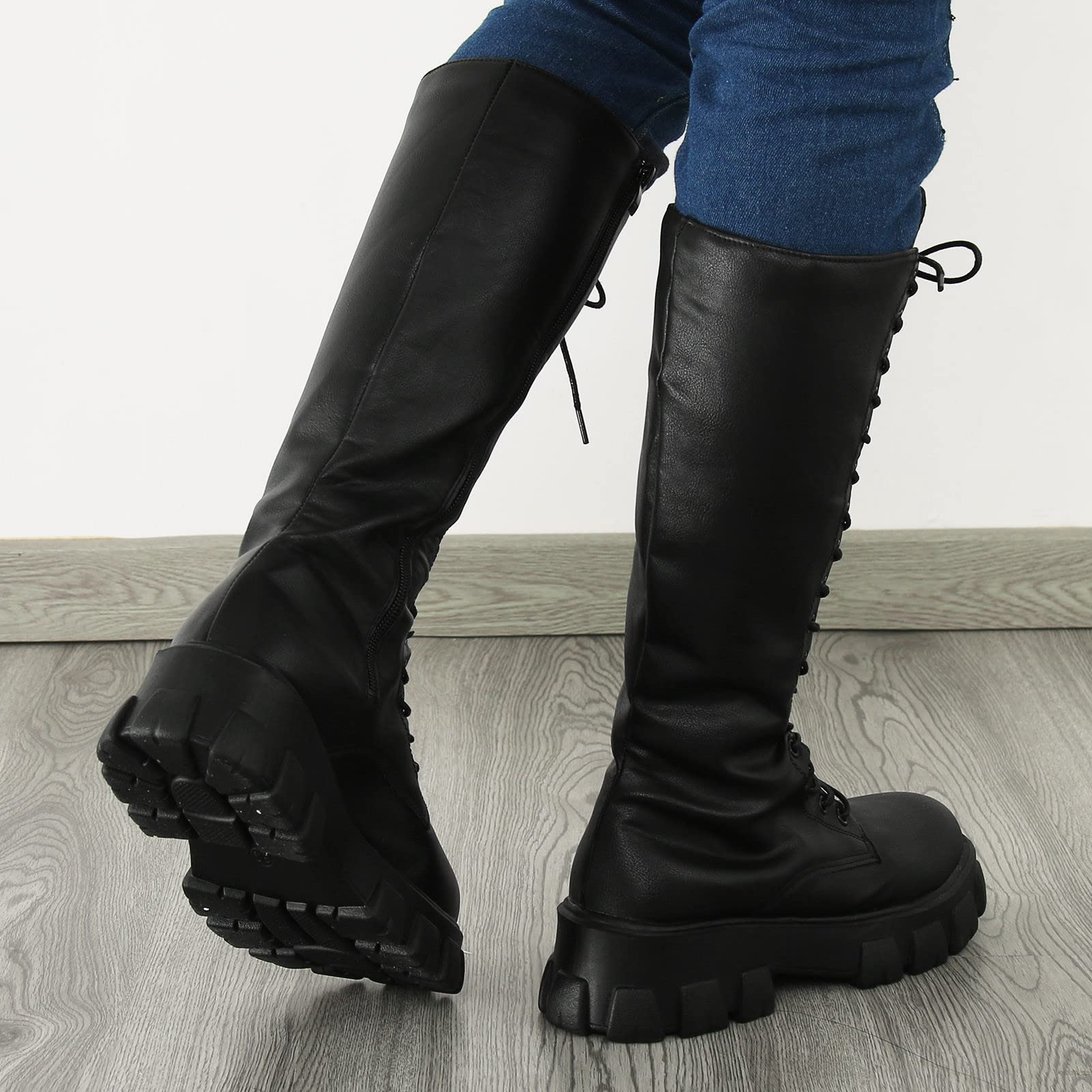 Bottes Hautes Femme mit Mollet Large Confortables Botte Western Longue Classiques Bottes Equitation de Hiver à Lacet Réglable Bottines Chaude et Durable Botte au-Dessus du Genou Boots Cuir z22
