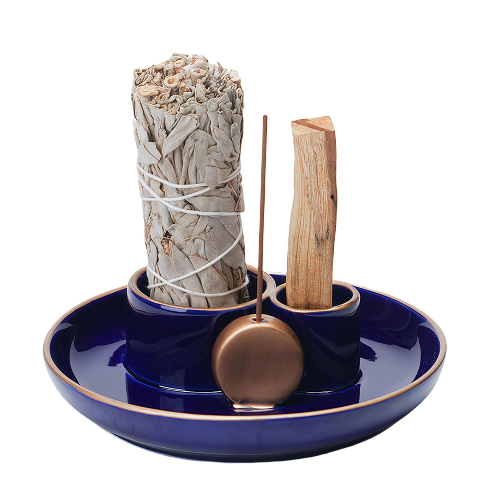 GRAMSTORMAX 4 in 1 Incense Holder, Ceramic Incense Stick and Palo Santo Holder,Sage Holder for Burning- 5.5" Ceramic Ash Catcher Tray for Meditation and Yoga Room (Blue Golden)